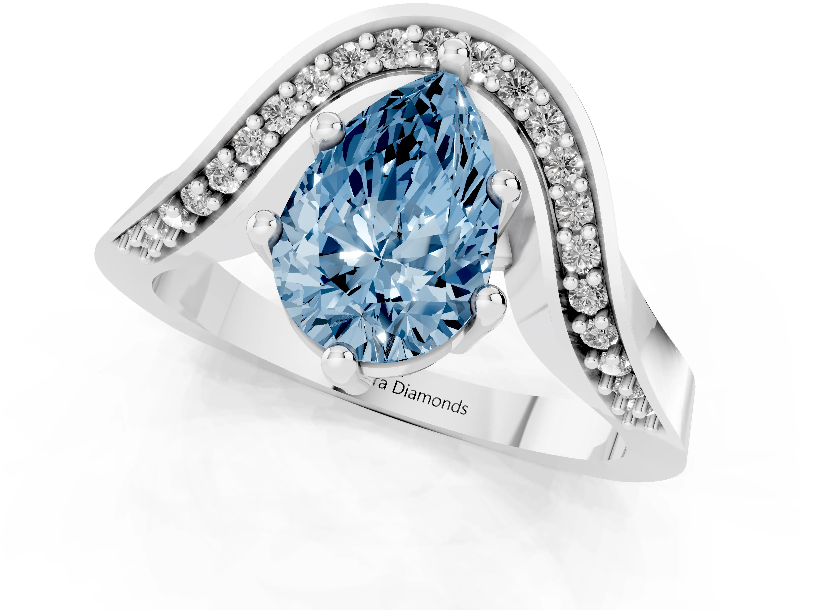 Fancy Blue Pear Cut Diamond Solitaire Engagement Ring Set in Silver with Pavé Shoulders