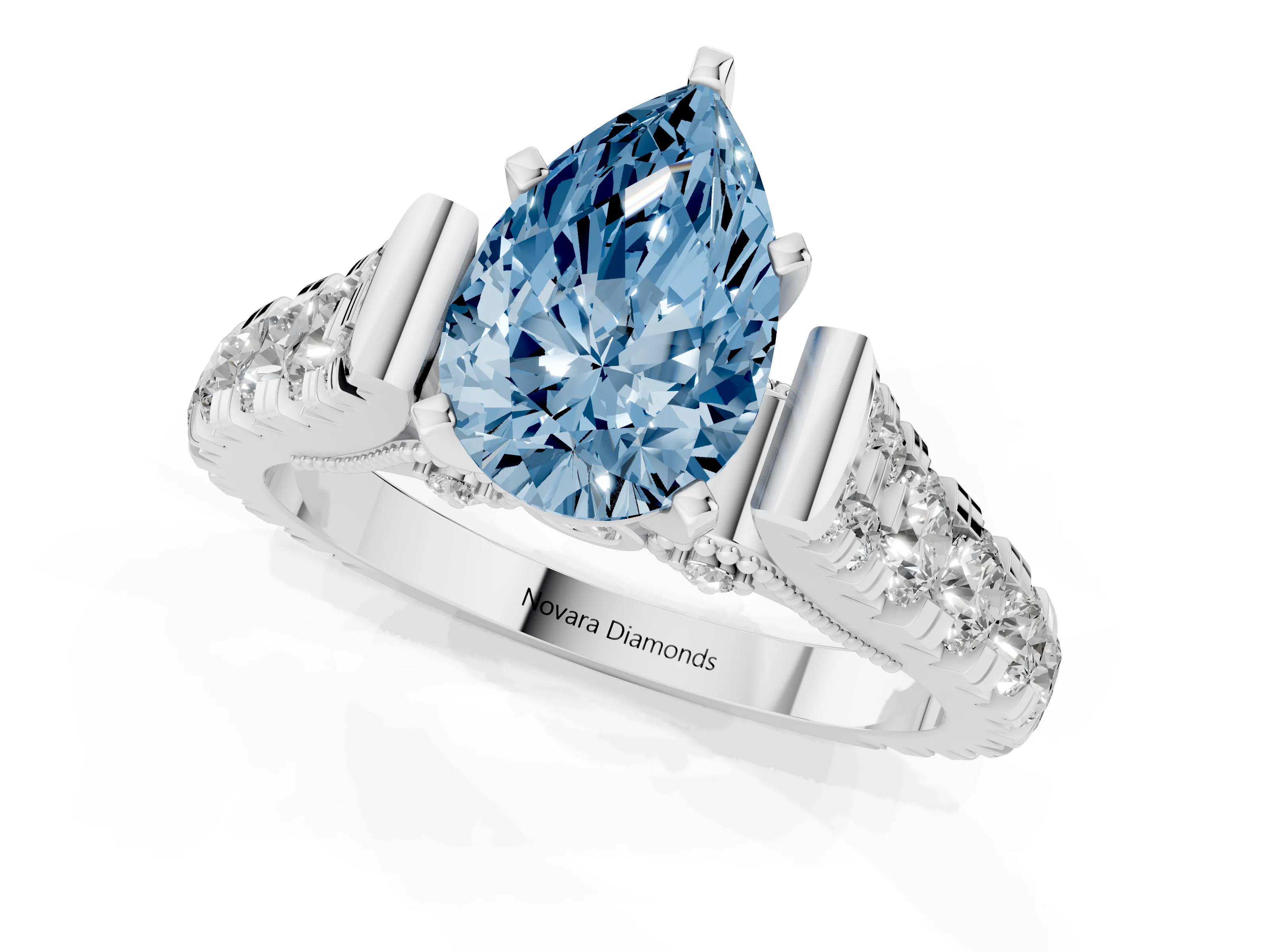 Fancy Blue Pear Cut Diamond Classic Solitaire Ring Set in Platinum with Pavé Band and Prong Setting