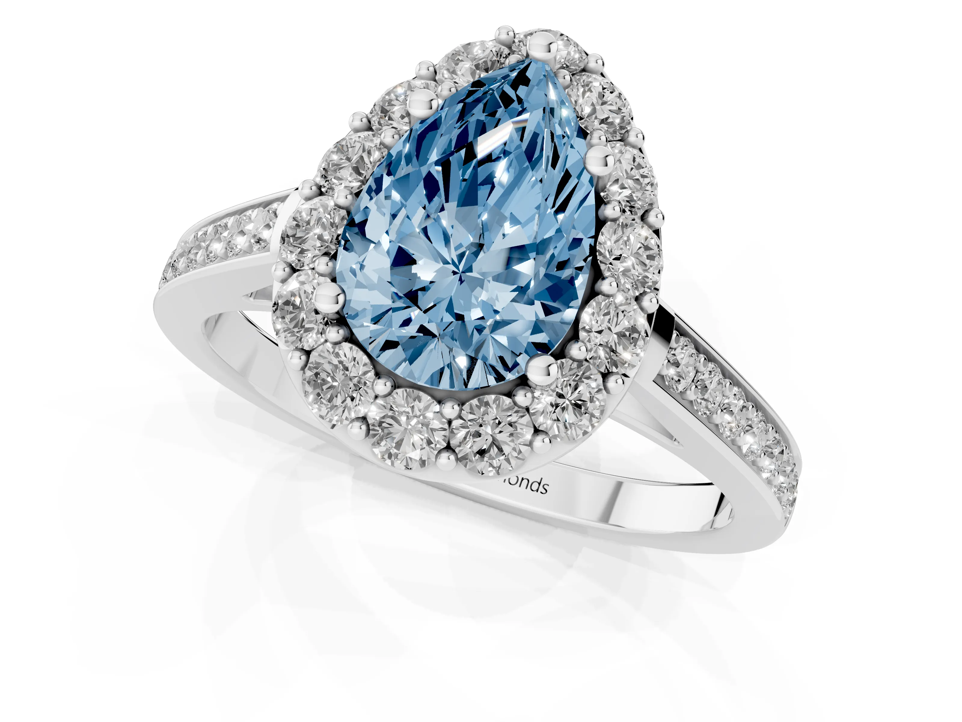 Fancy Blue Pear Cut Diamond Floral Halo Ring Set in White gold with Pavé Band and Prong Setting