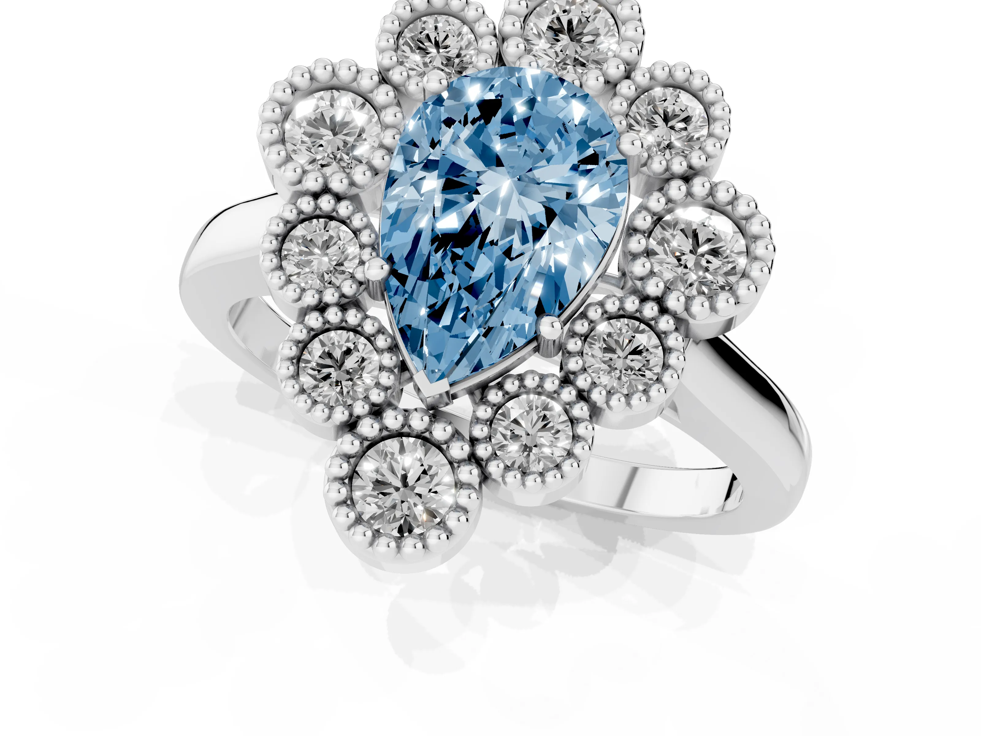 Fancy Blue Pear Cut Diamond Cluster Halo Ring Set in White gold with Milgrain Bezel Accents and Plain Band