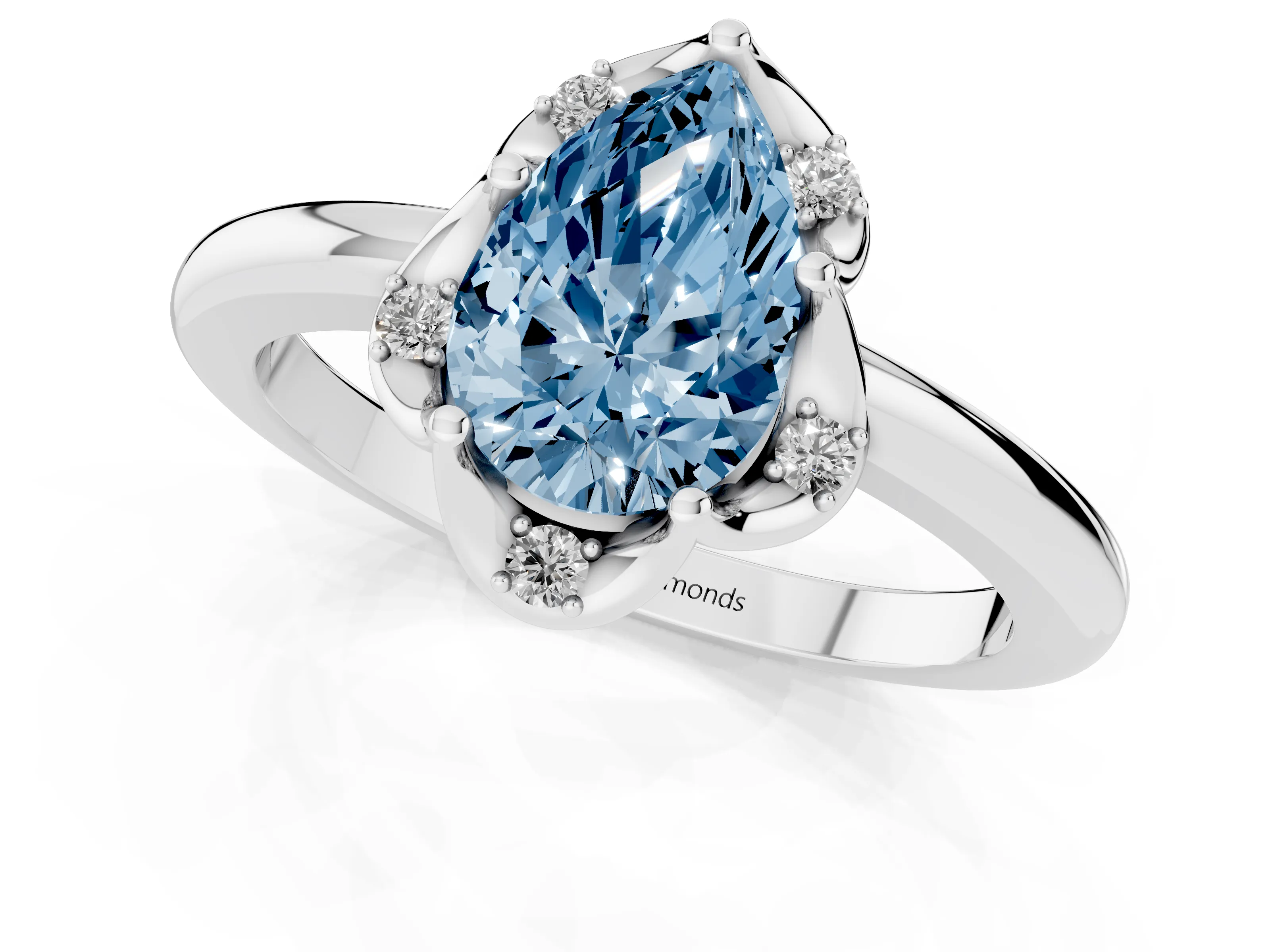 Fancy Blue Pear Cut Diamond Round Cluster Halo Ring Set in Silver with Solitaire Band and Prong Setting