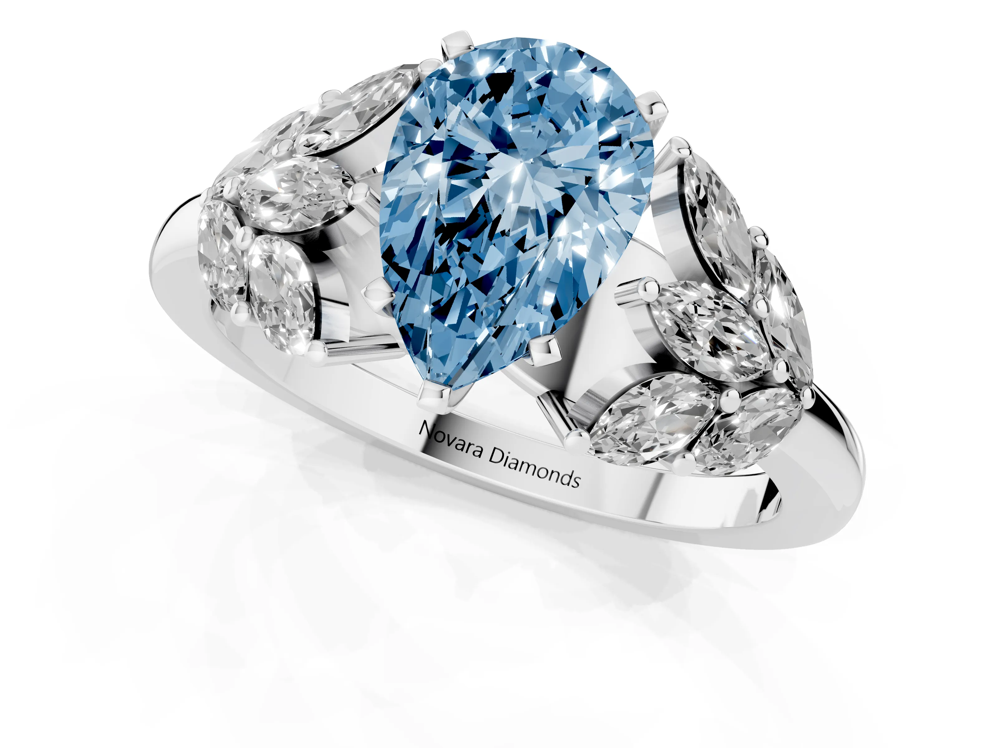 Fancy Blue Pear Cut Diamond Cluster Leaf Design Ring Set in Platinum with Prong Setting