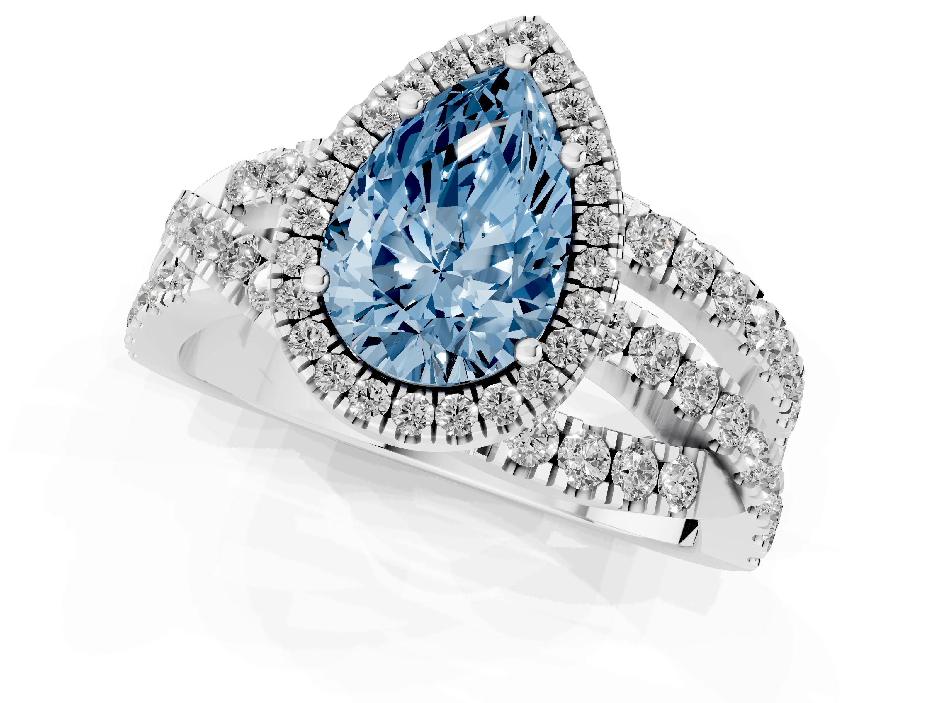 Fancy Blue Pear Cut Diamond Halo Ring Set in Silver with Round Crossover Split Shank and Prong Setting
