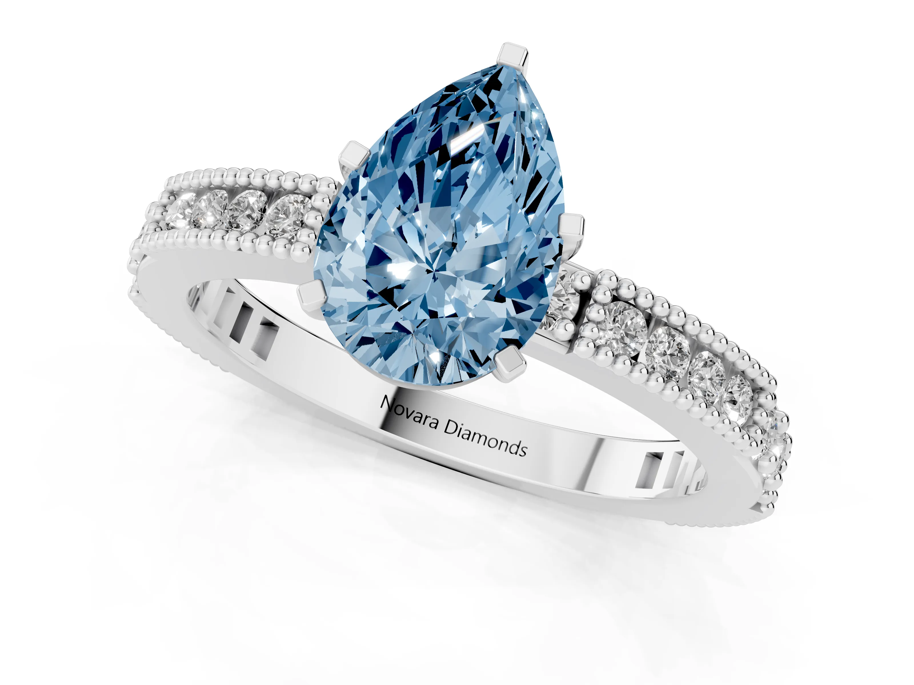 Fancy Blue Pear Cut Diamond Solitaire Ring Set in Silver with Slim Pavé Band and Prong Setting