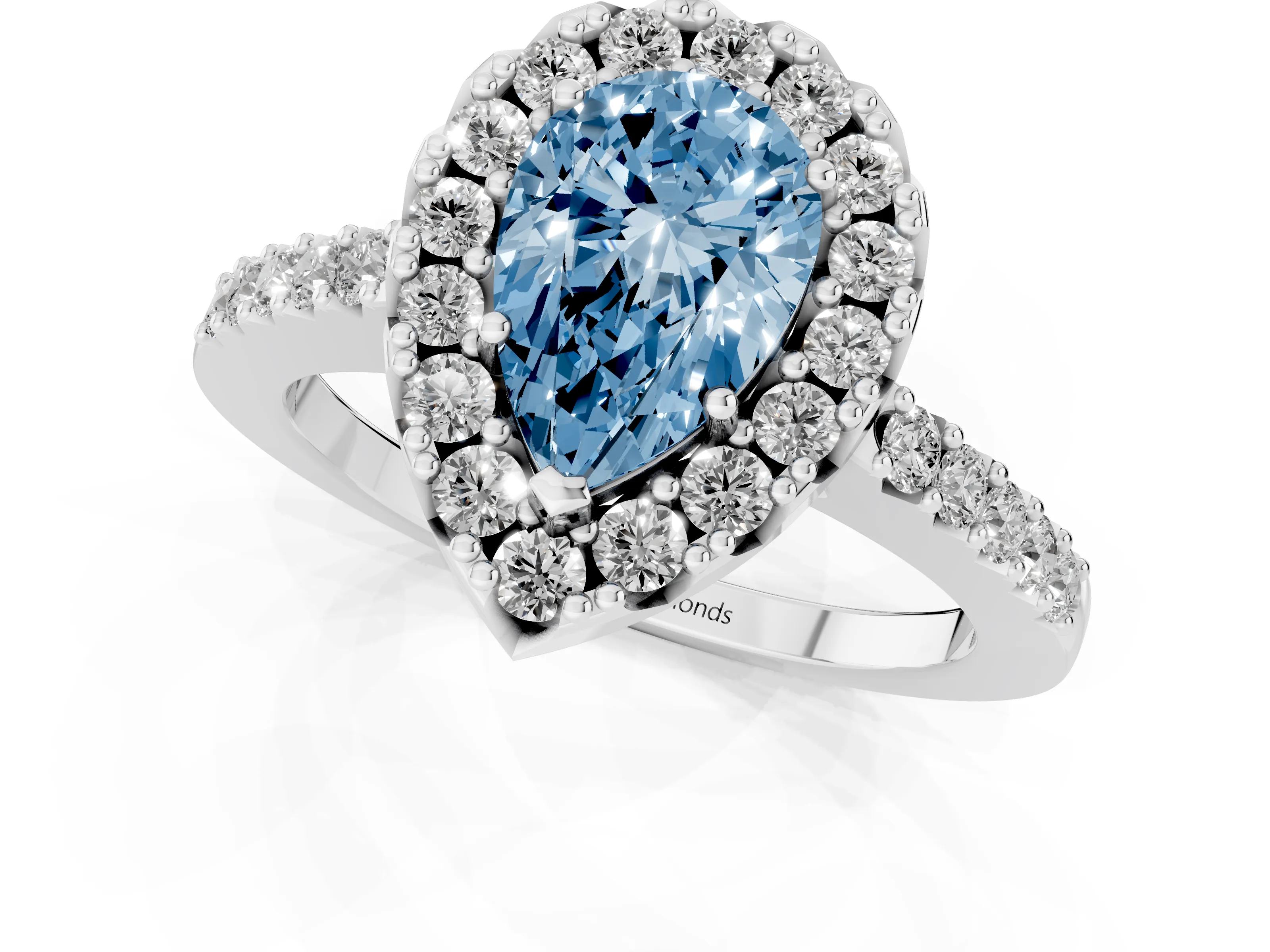 Fancy Blue Pear Cut Diamond Halo Pavé Solitaire Ring Set in Silver with Prong-Set Center Stone