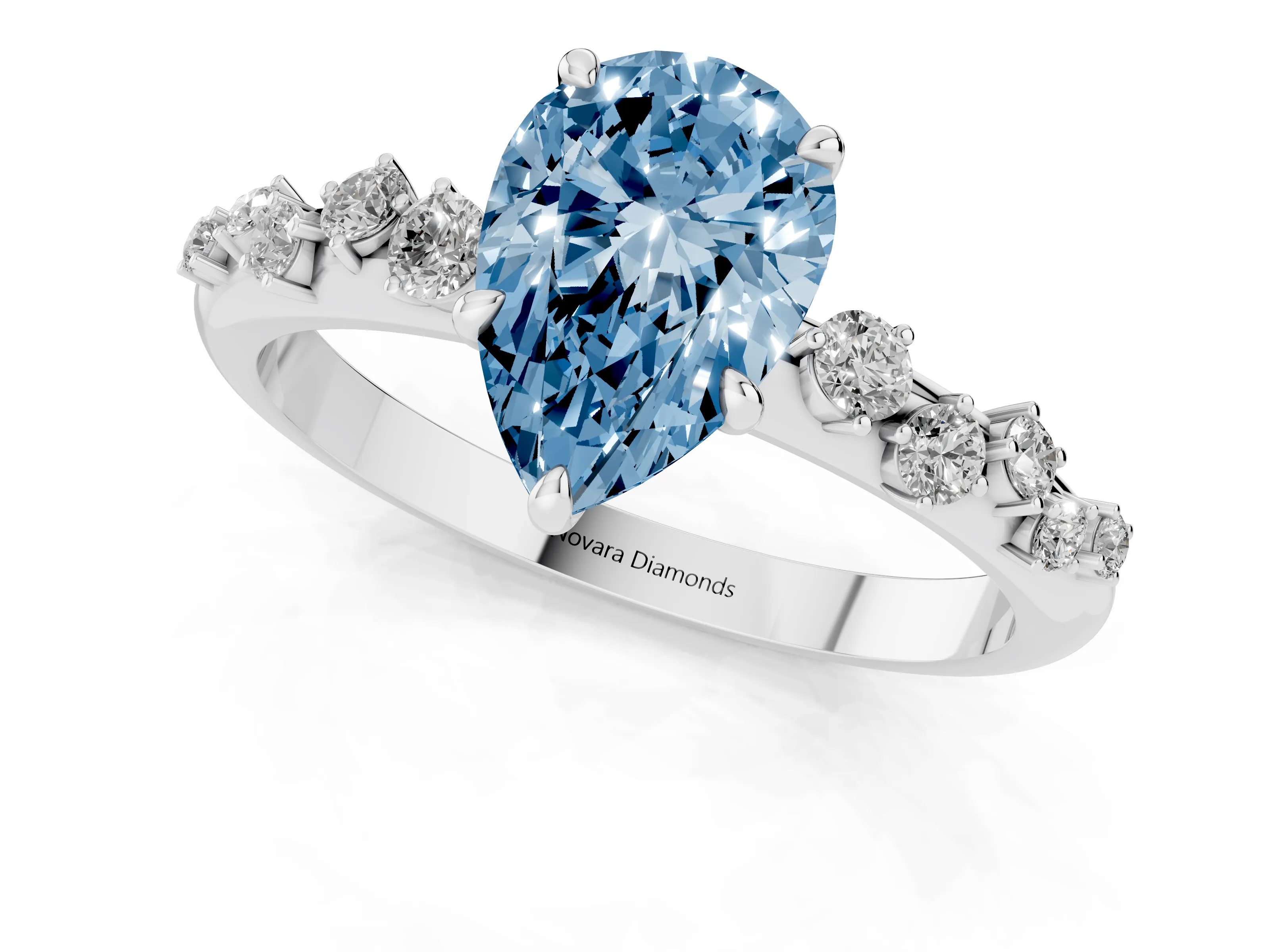 Fancy Blue Pear Cut Diamond Cluster Solitaire Ring Set in Platinum with Prong Setting