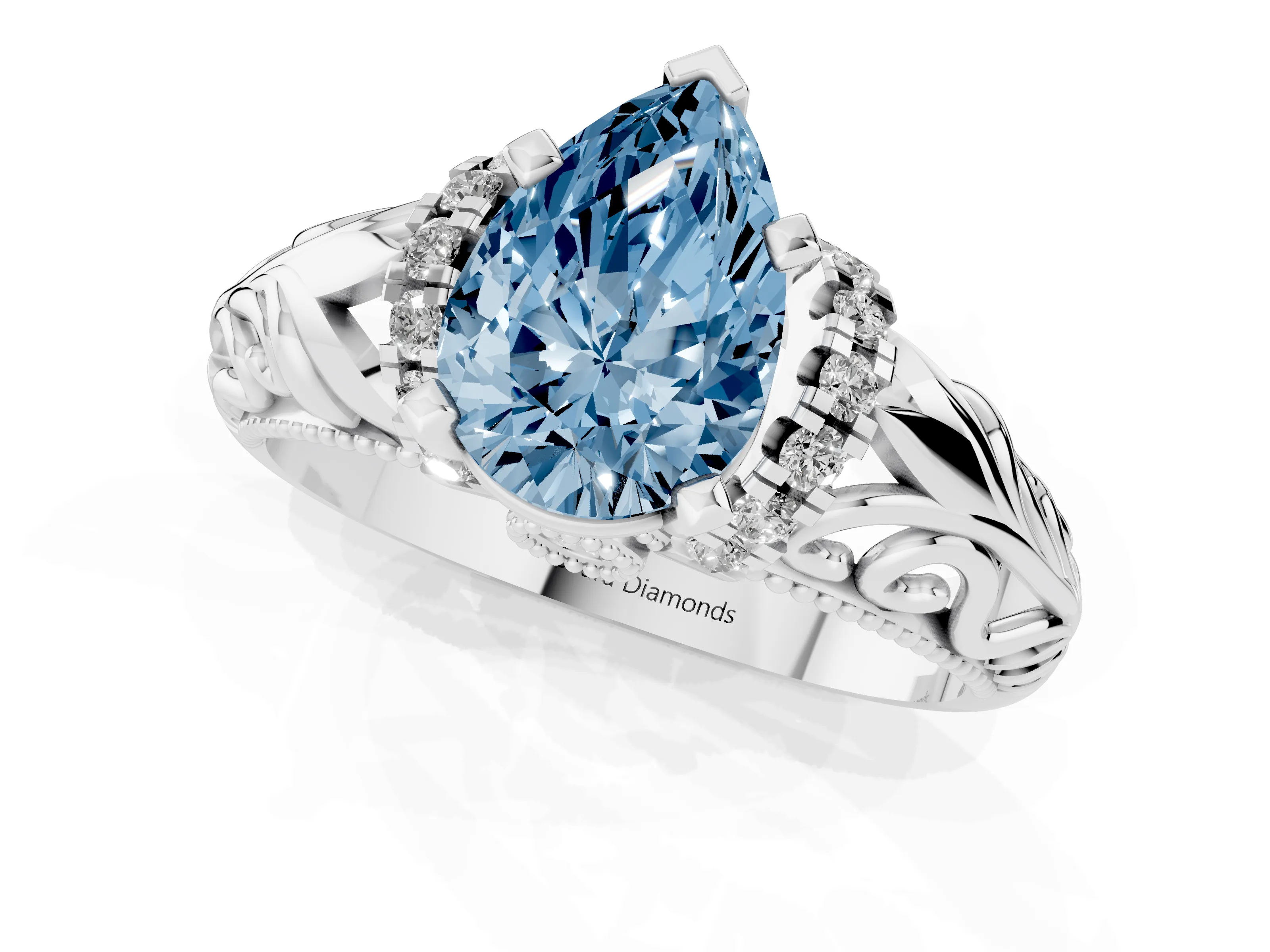 Fancy Blue Pear Cut Diamond Filigree Halo Engagement Ring Set in Silver with Prong Setting