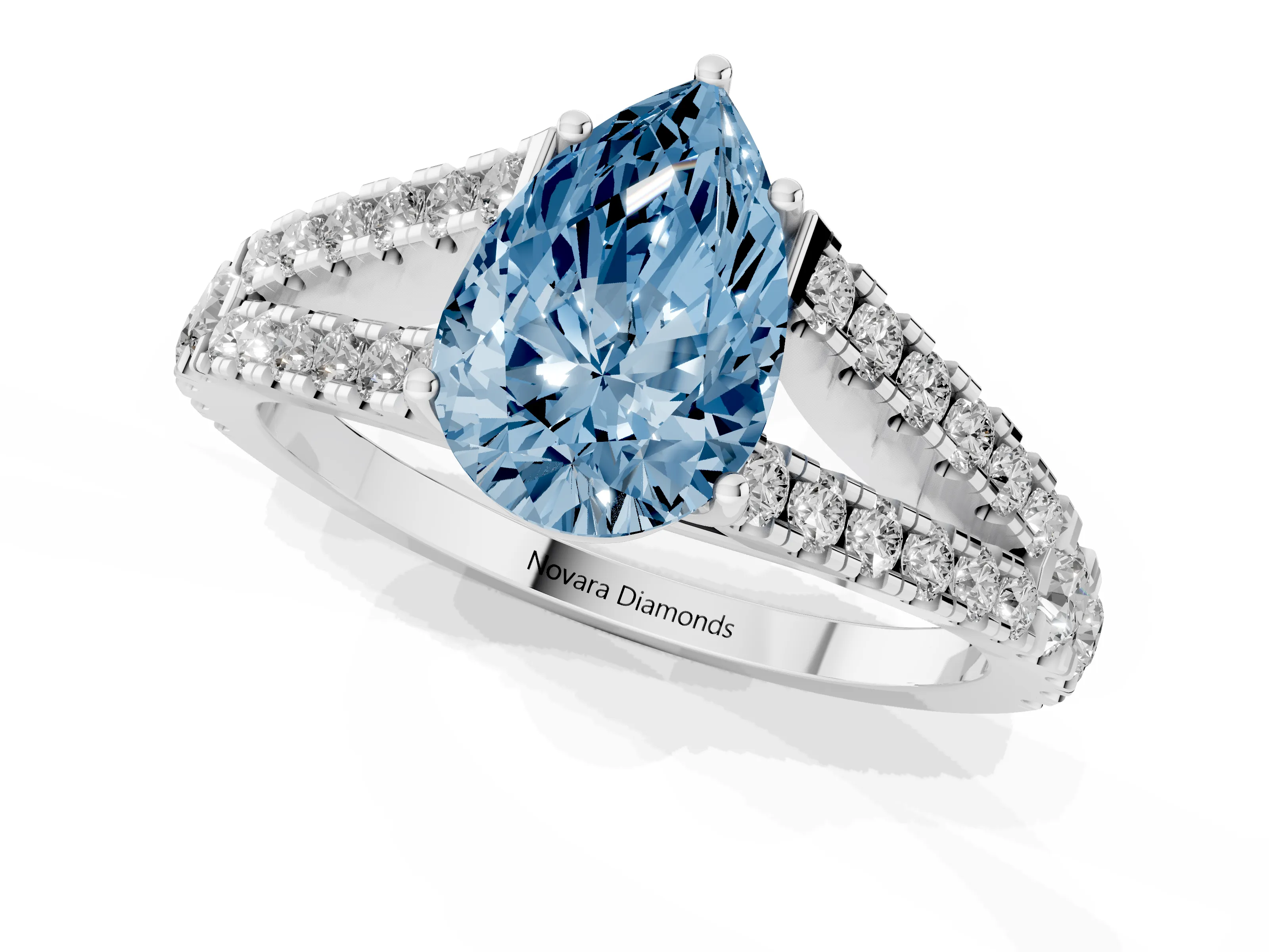 Fancy Blue Pear Cut Diamond Split Shank Pavé Engagement Ring Set in Platinum with Prong-Held Center Stone
