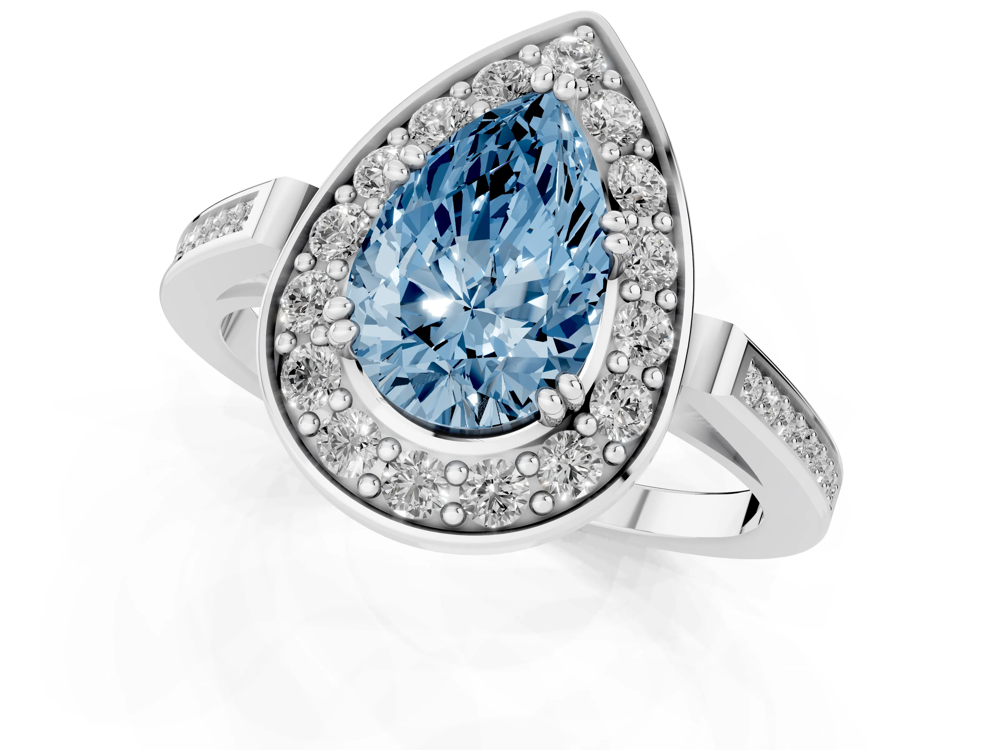 Fancy Blue Pear Cut Diamond Halo Ring Set in Silver with Accent-Lined Split Shank and Prong Setting