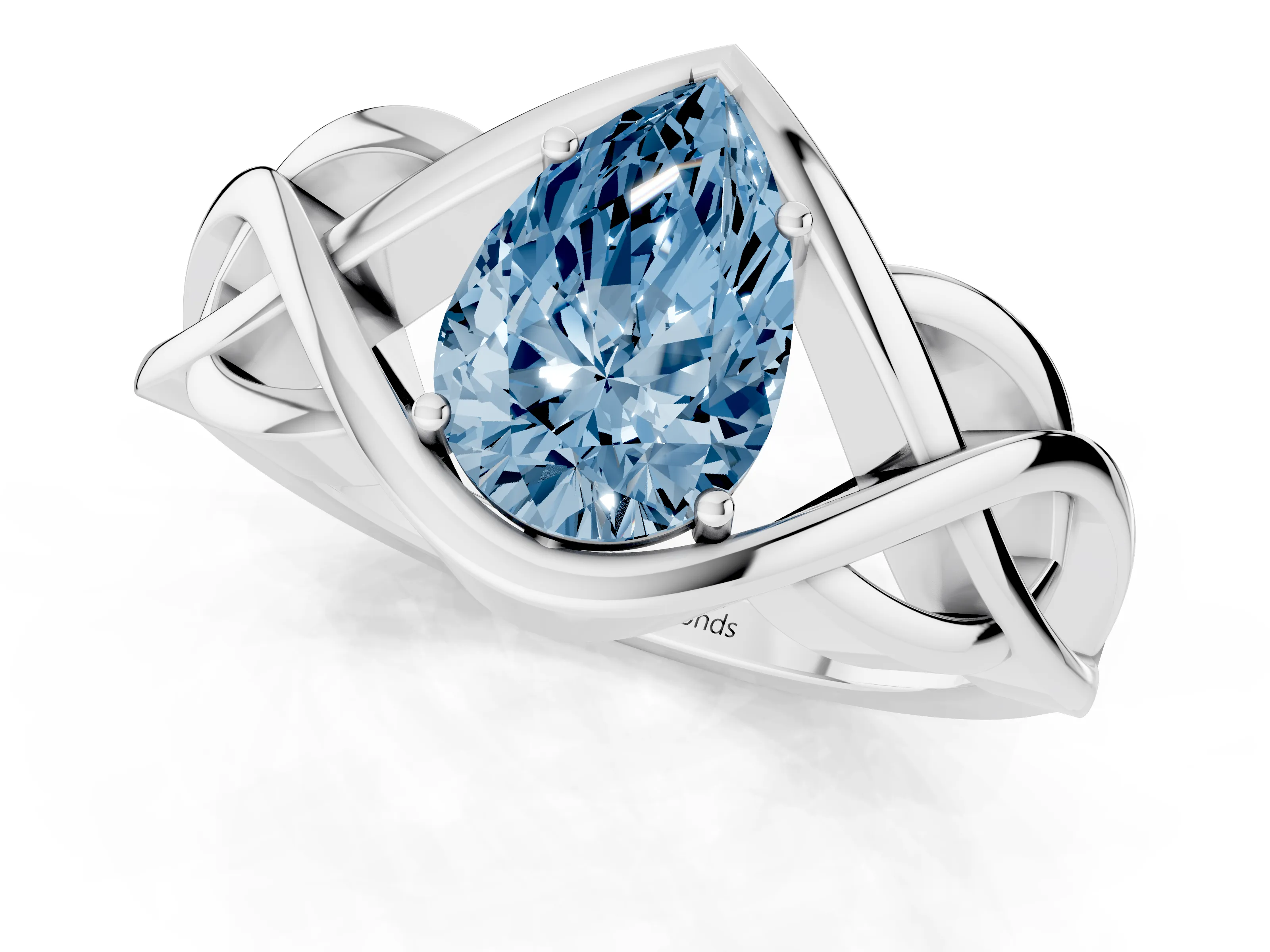 Fancy Blue Pear Cut Diamond Solitaire Ring Set in Platinum with Intertwined Band