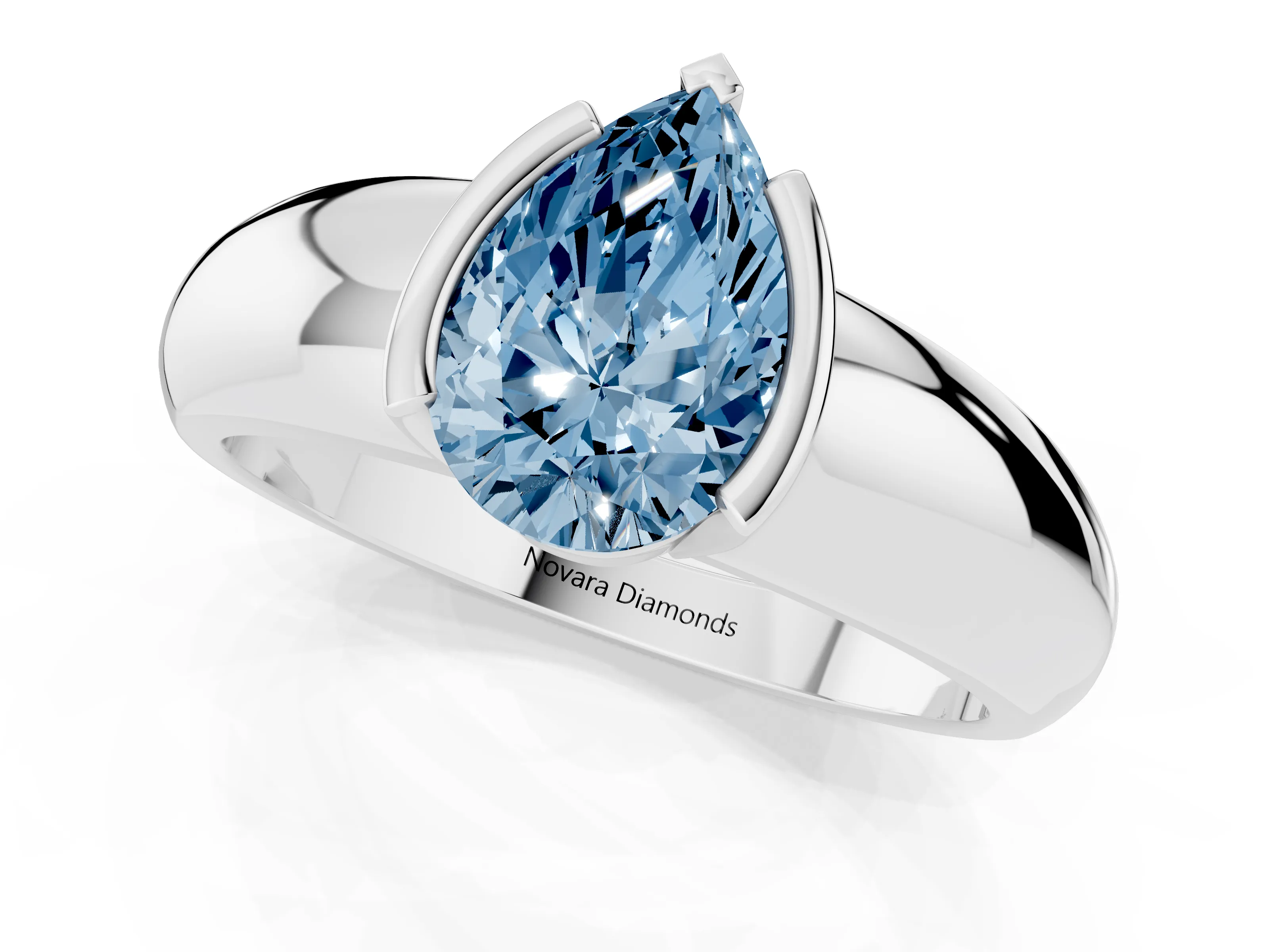 Fancy Blue Pear Cut Diamond Solitaire Tension Set Ring Set in White gold with Wide Band