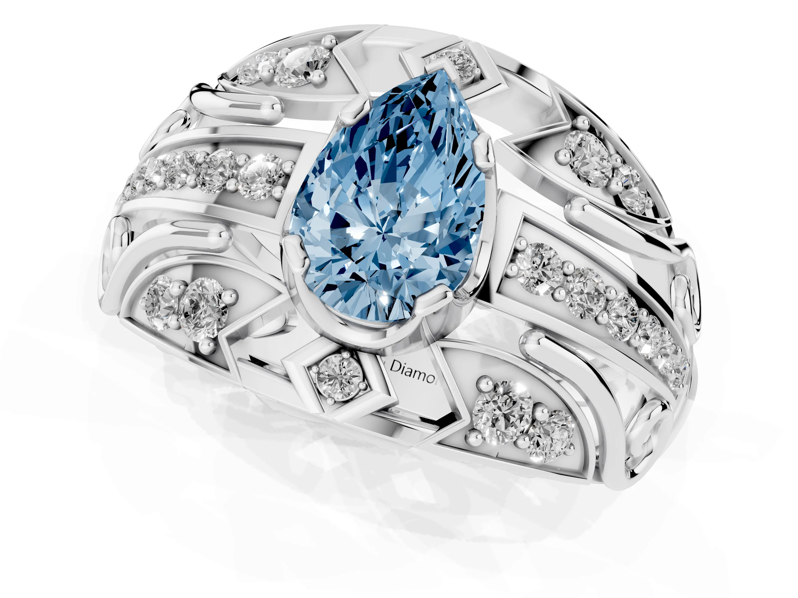 Fancy Blue Pear Cut Diamond Art Deco Ring Set in Platinum with Pavé Split Shank