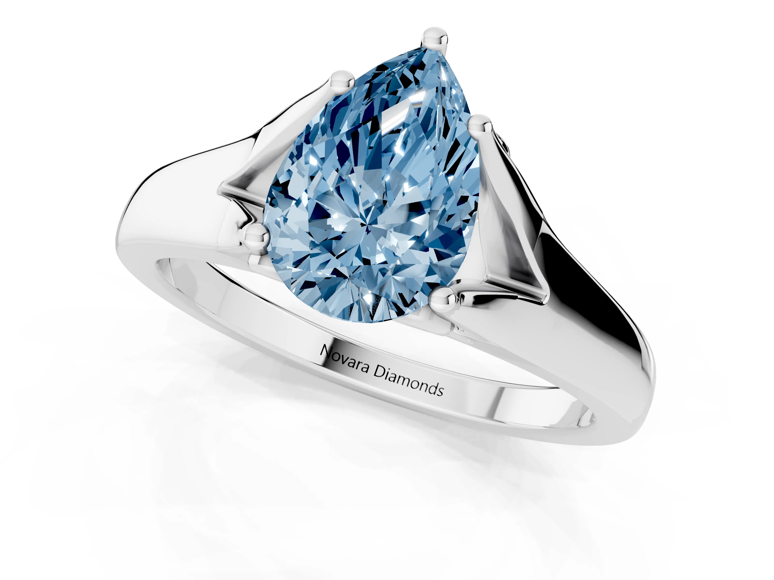 Fancy Blue Pear Cut Diamond Solitaire Ring Set in Platinum with Arched Cathedral Band and Prong Setting