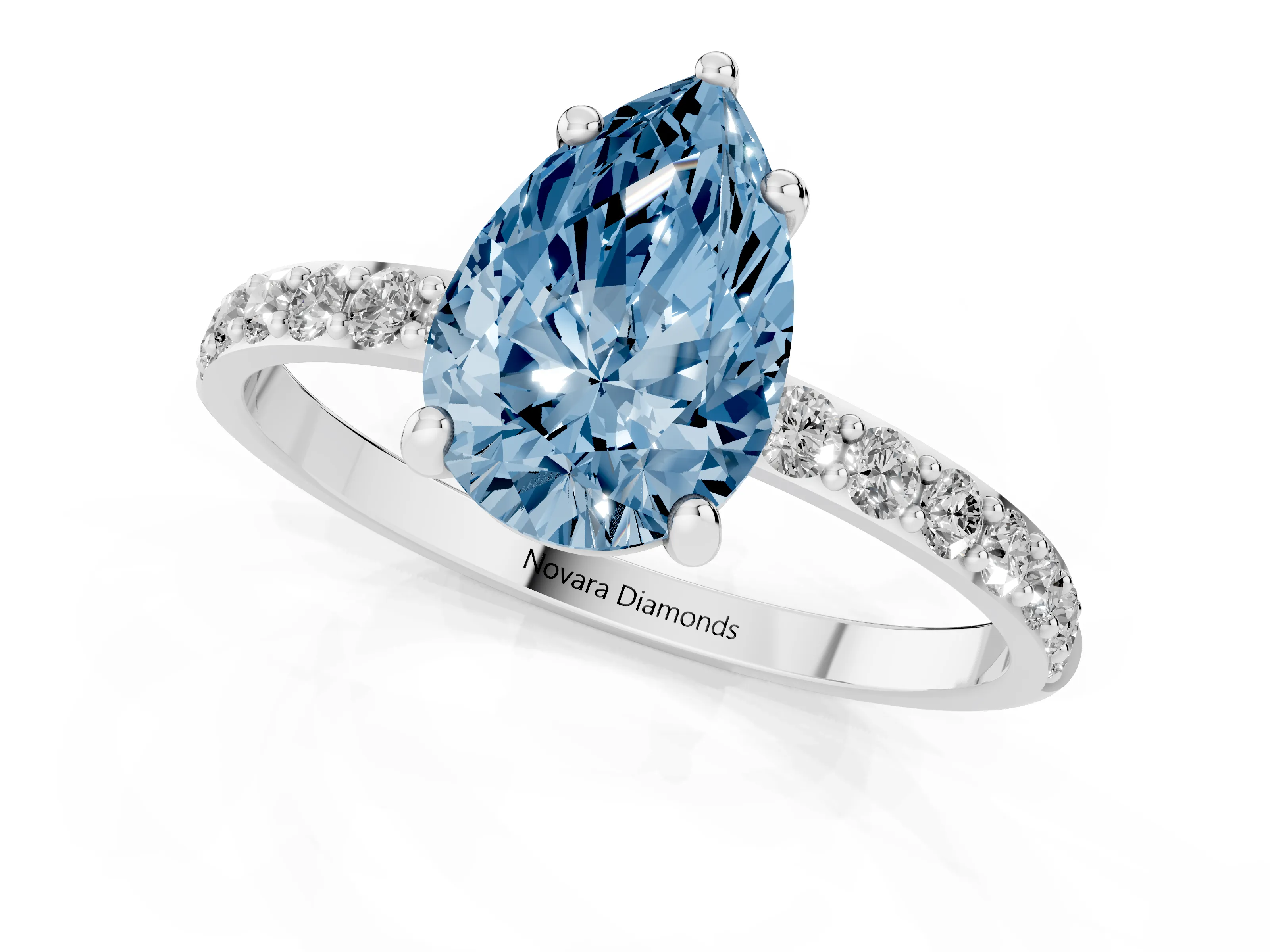 Fancy Blue Pear Cut Diamond Solitaire Ring Set in Platinum with Round Pavé Band and Prong Setting