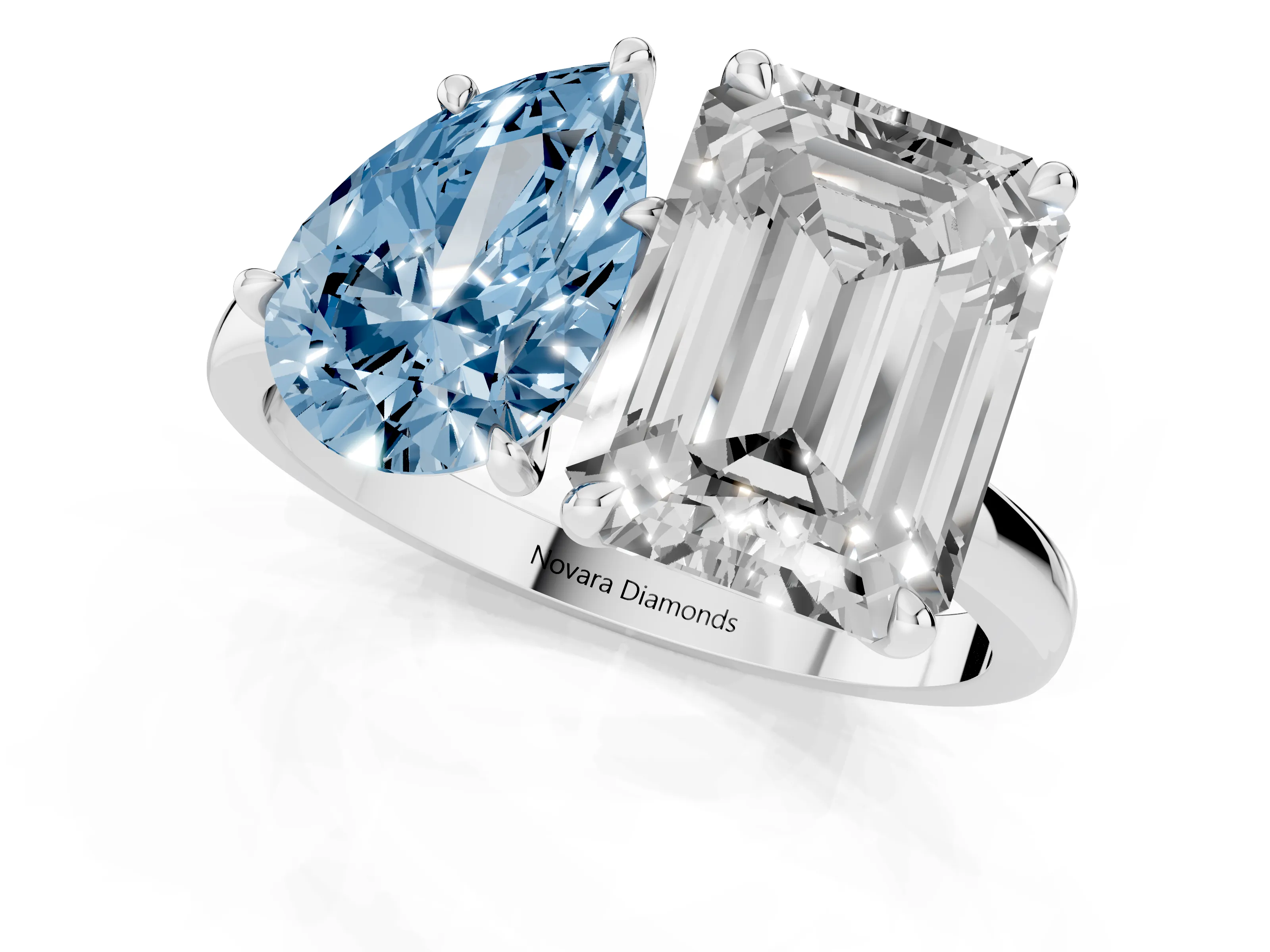 Fancy Blue Pear Cut and Emerald Cut Toi Moi Ring Set in White gold with Prong Setting