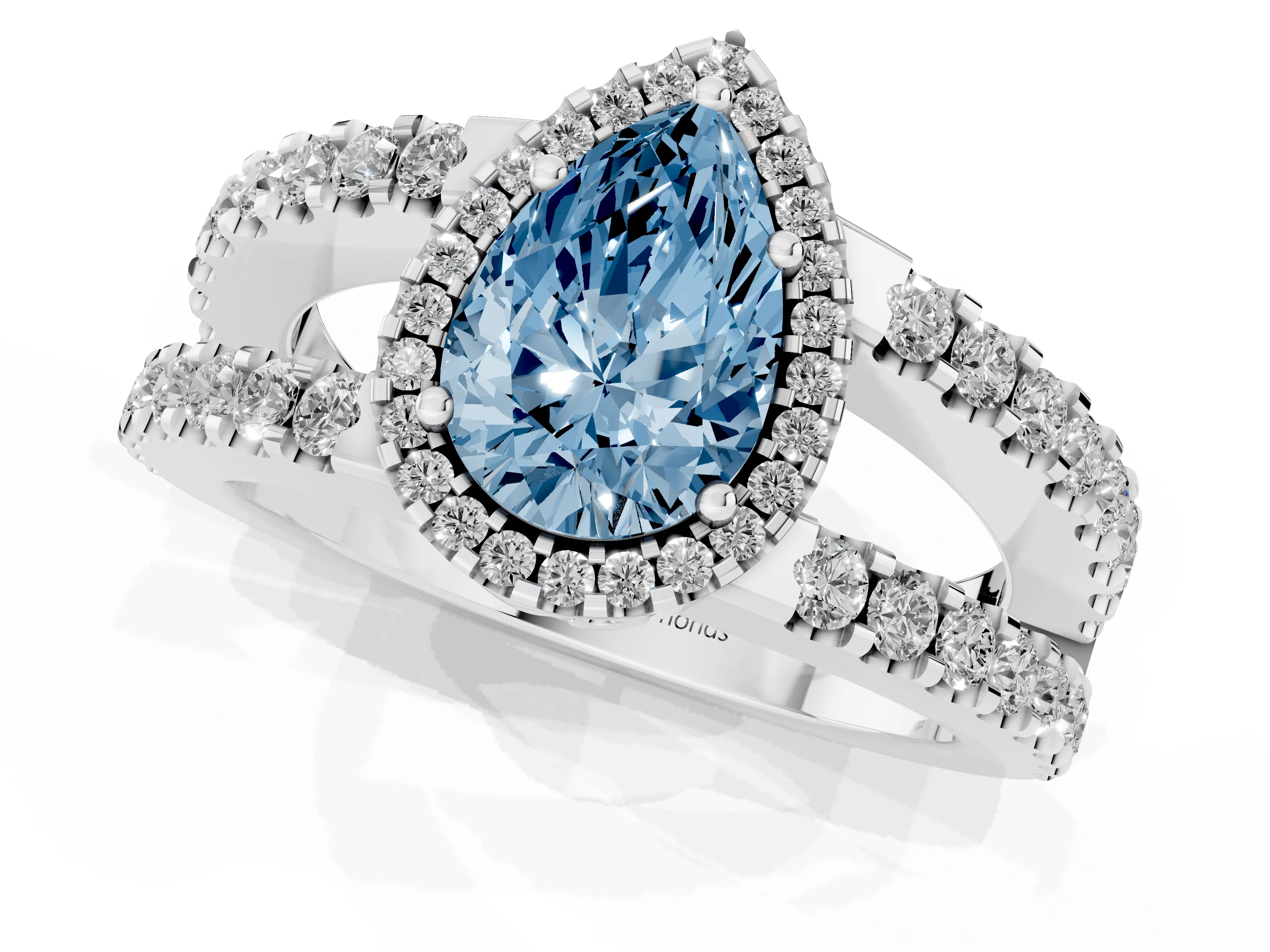 Fancy Blue Pear Cut Diamond Halo Ring Set in White gold with Pavé Split Shank and Prong Setting