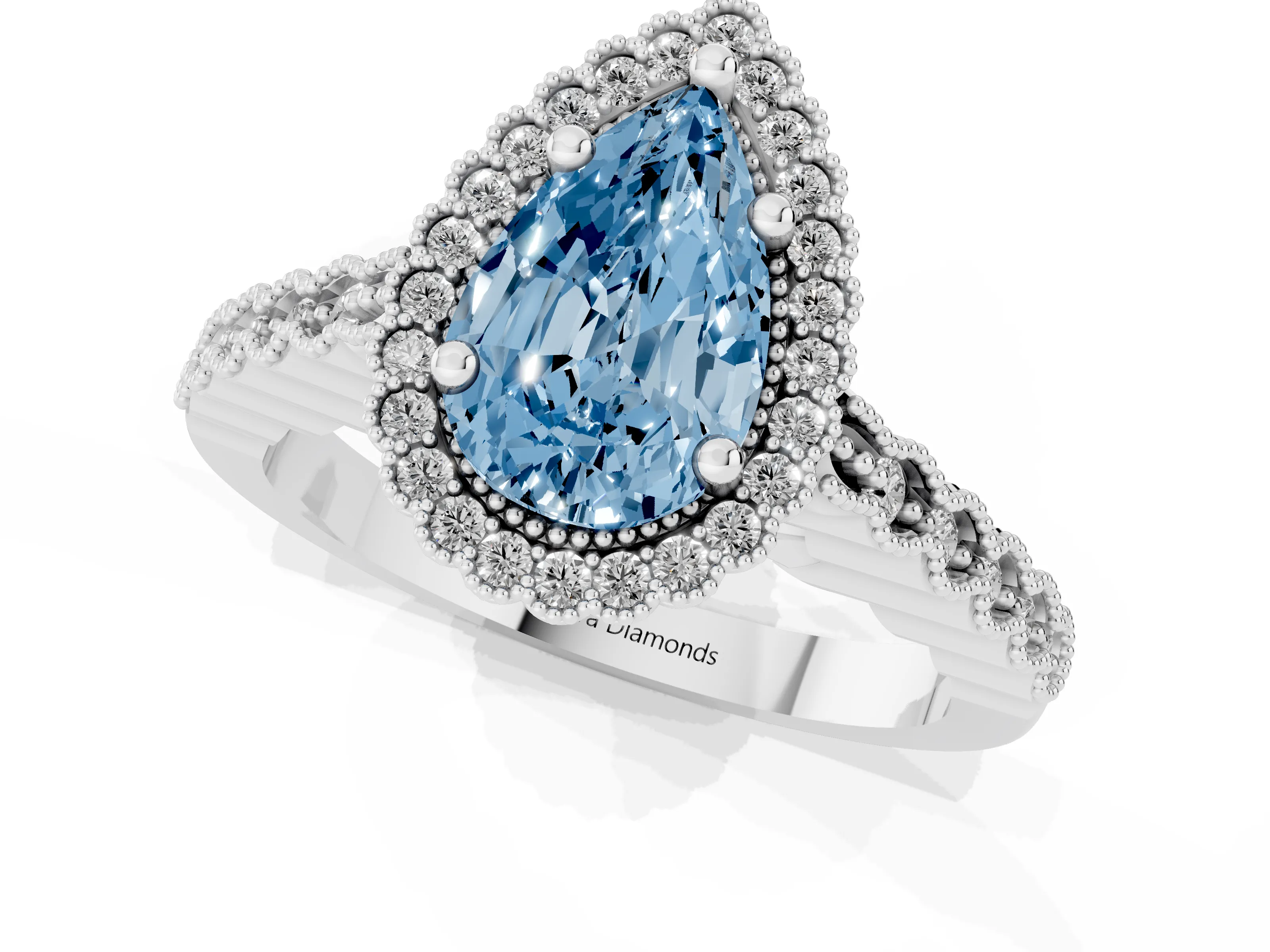 Fancy Blue Pear Cut Diamond Halo Ring Set in Platinum with Pavé Milgrain Band