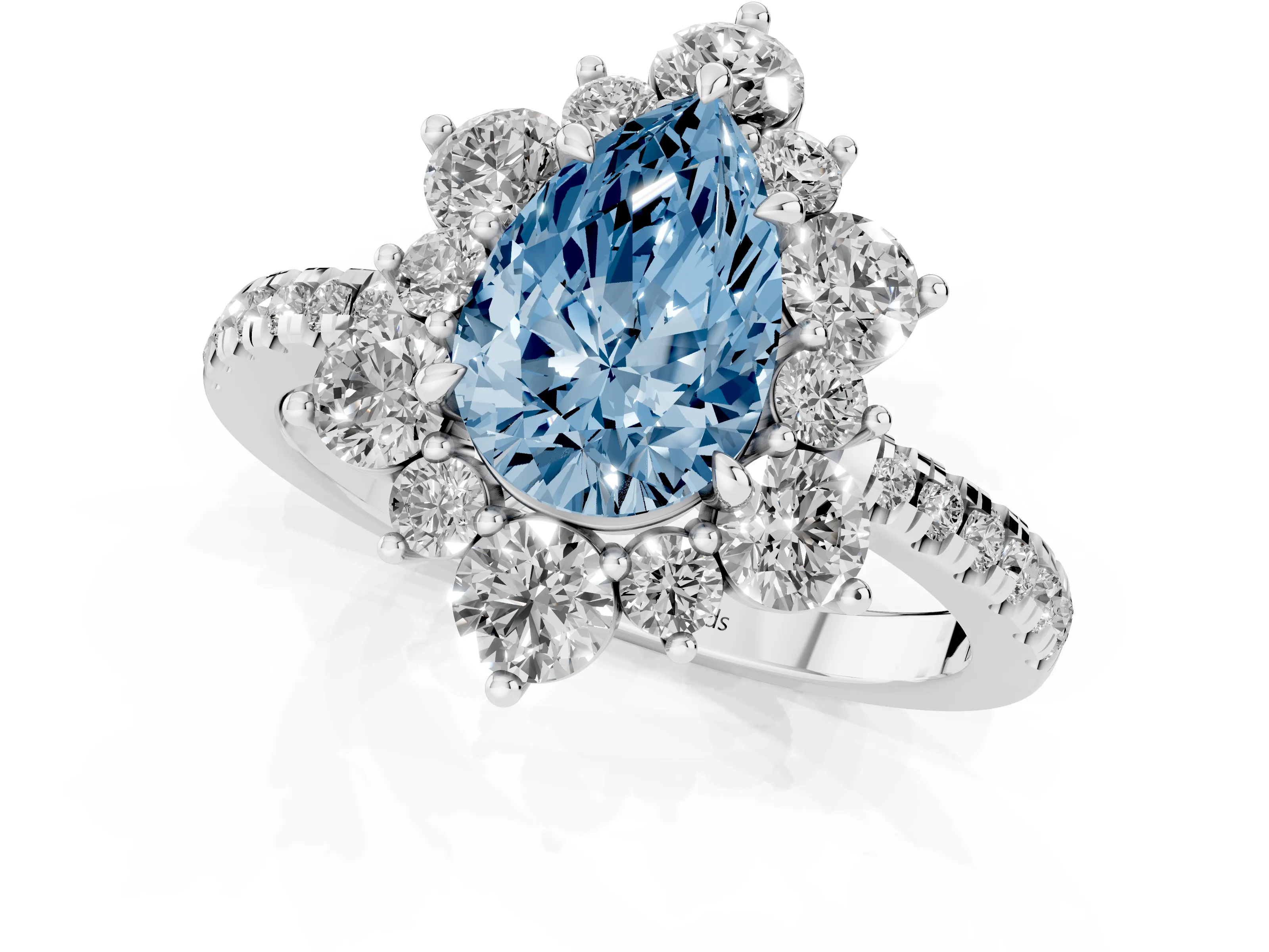 Fancy Blue Pear Cut Diamond Floral Halo Ring Set in White gold with Round Pavé Band and Prong Setting
