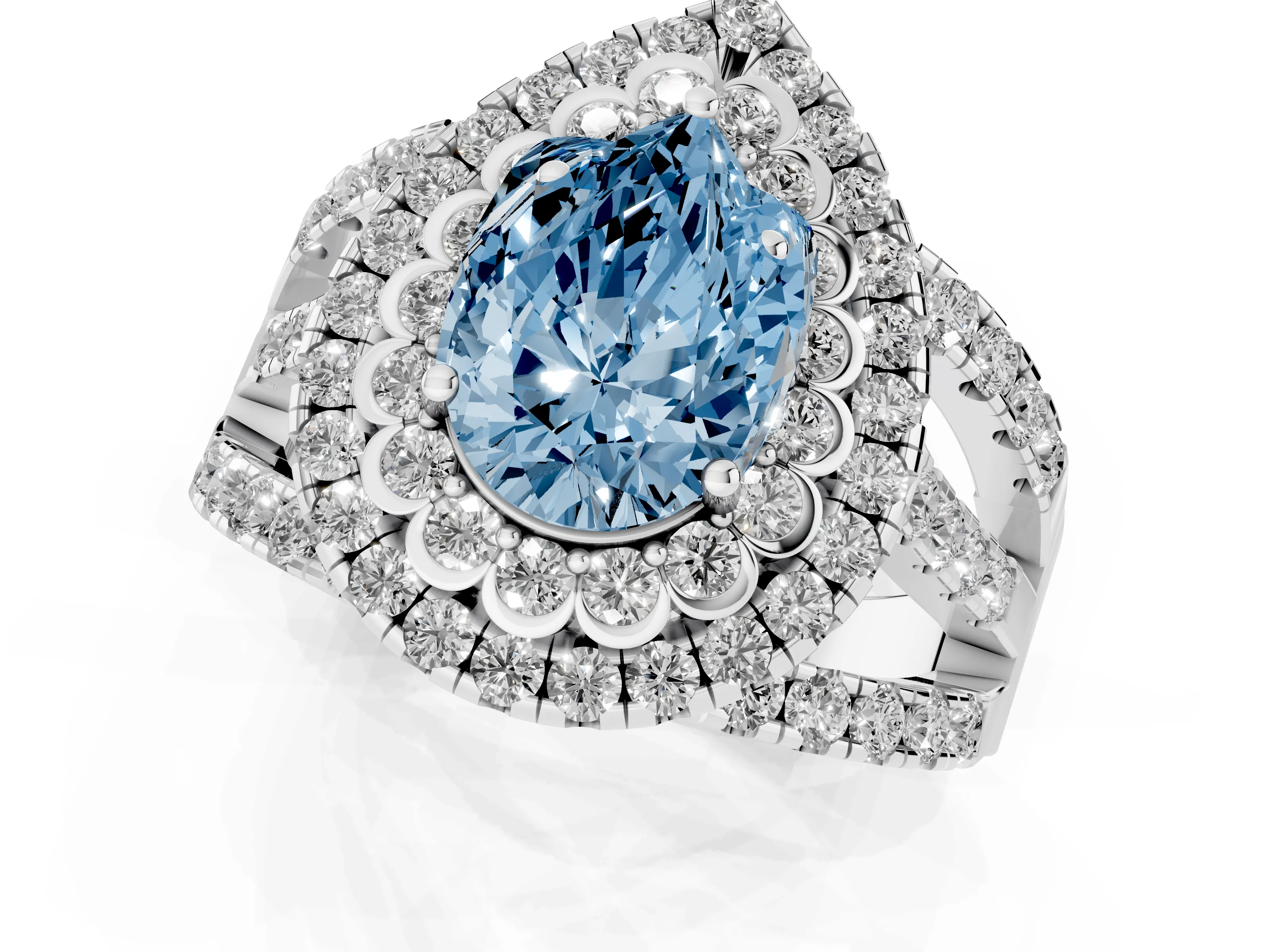 Fancy Blue Pear Cut Diamond Double Halo Ring Set in Platinum with Round Pavé Split Shank