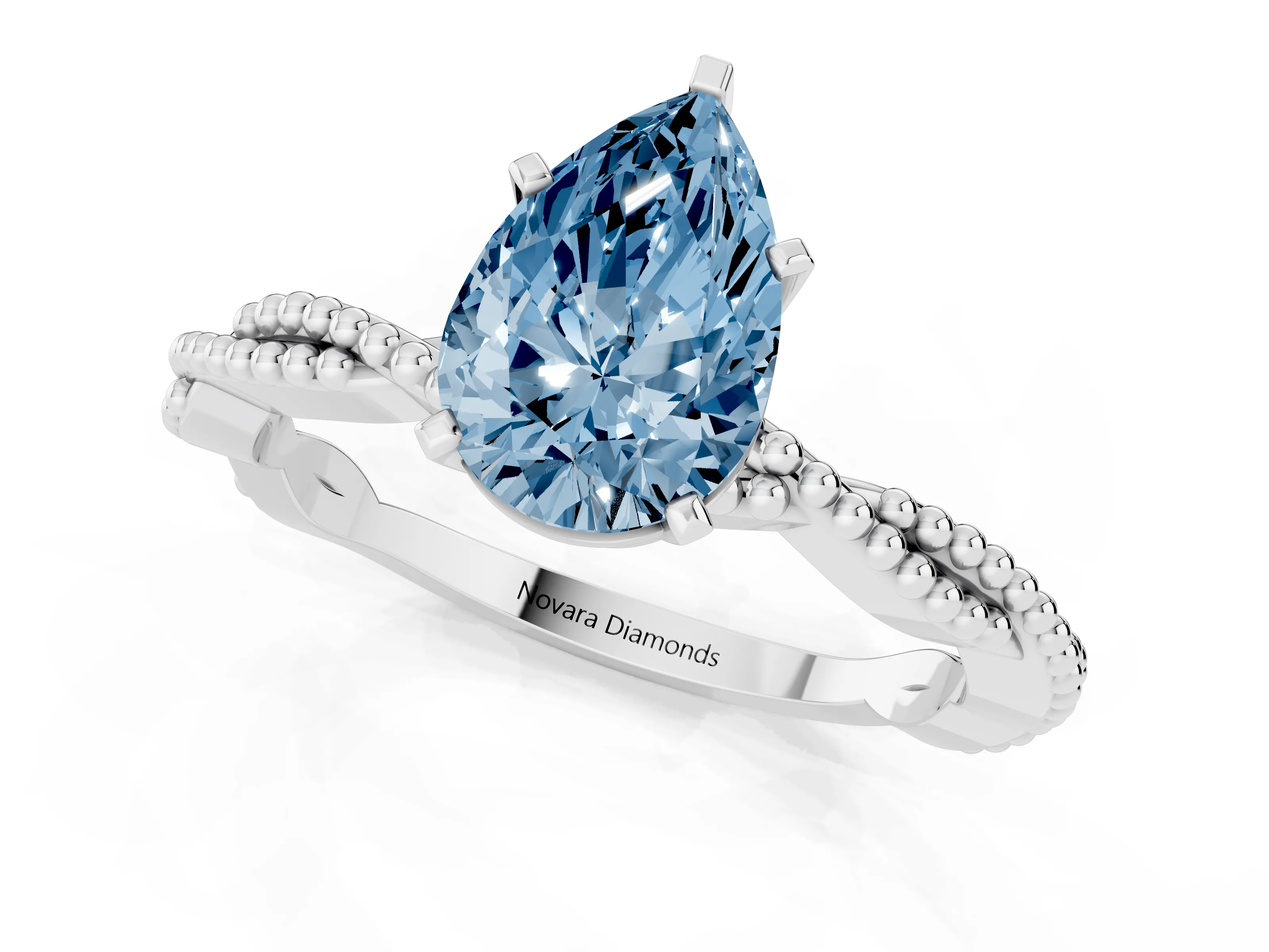 Fancy Blue Pear Cut Diamond Solitaire Ring Set in Platinum with Twisted Band and Bead Prong Setting
