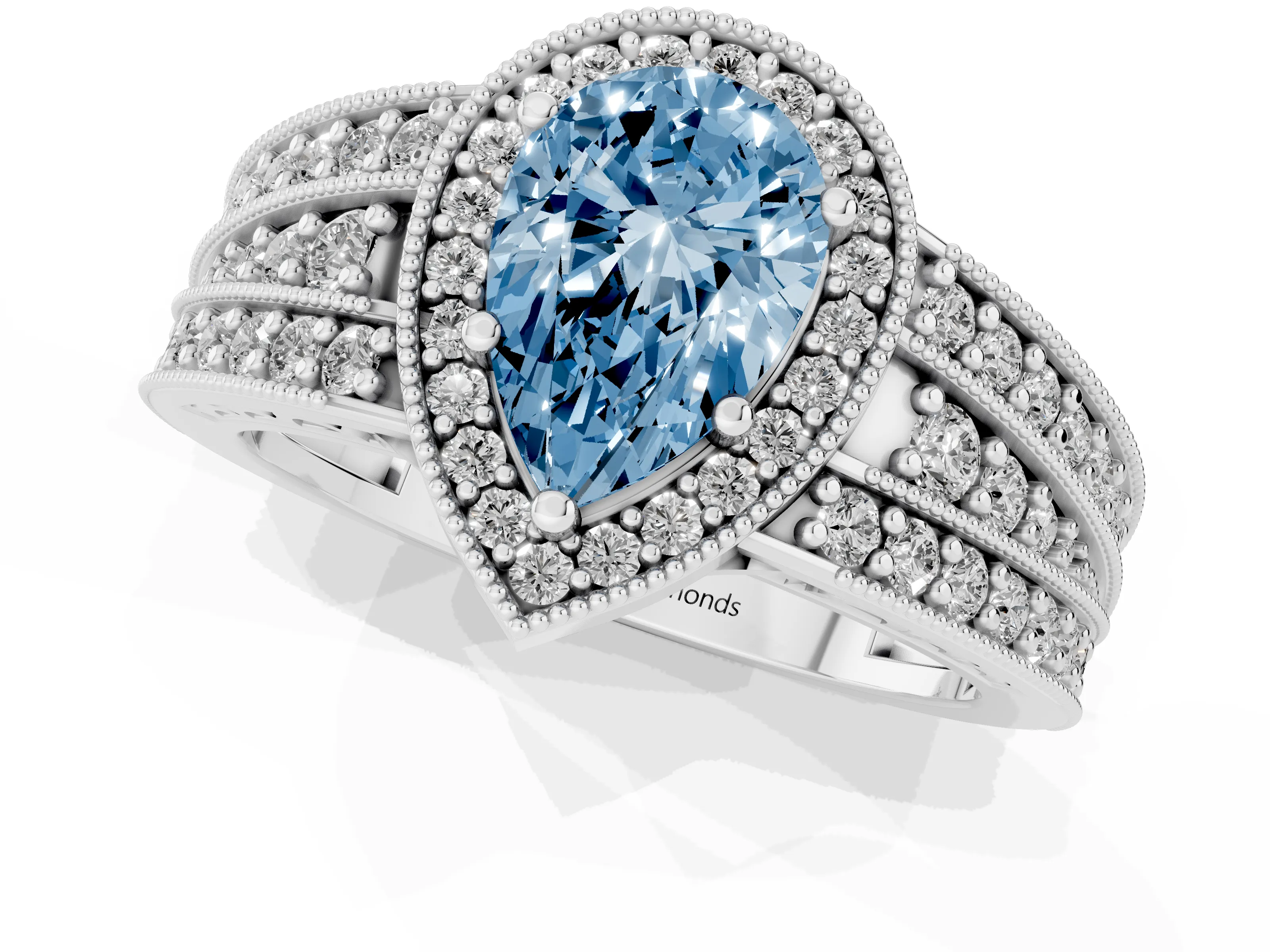 Fancy Blue Pear Cut Diamond Halo Ring Set in Platinum with Accent Split Shank and Prong Setting
