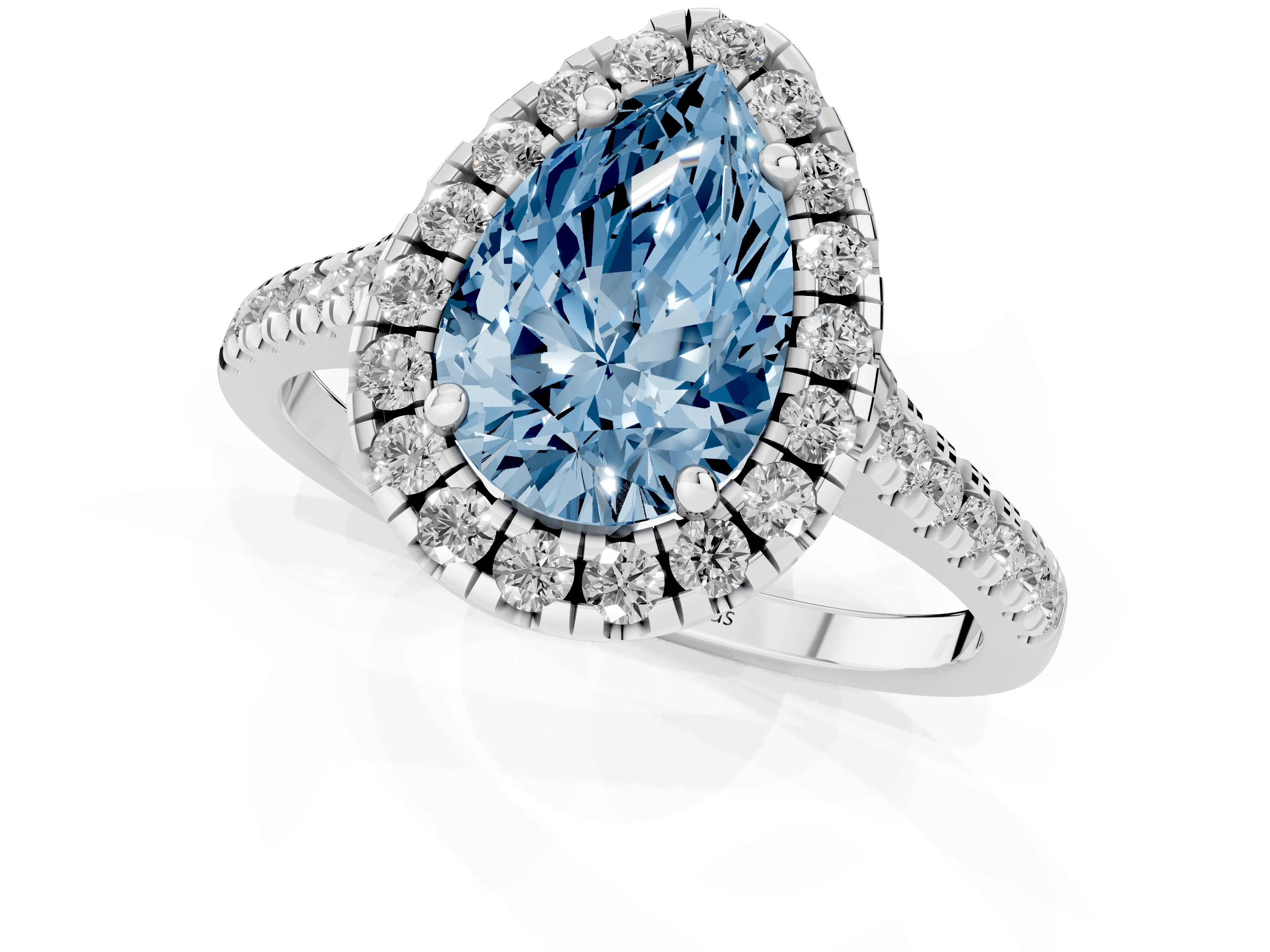 Fancy Blue Pear Cut Diamond Cushion Halo Ring Set in Silver with Pavé Band