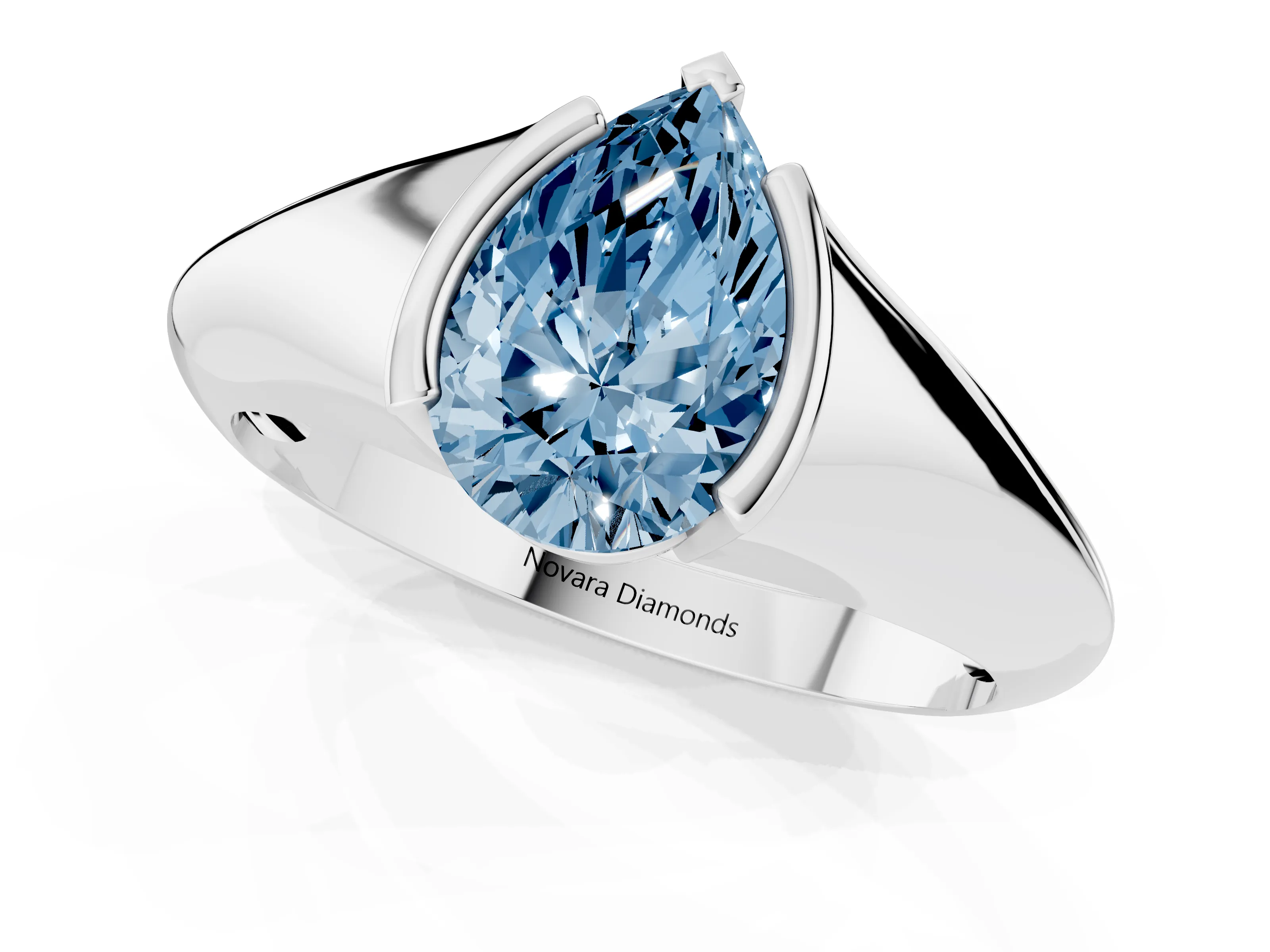 Fancy Blue Pear Cut Diamond Solitaire Tension Set Ring Set in Silver