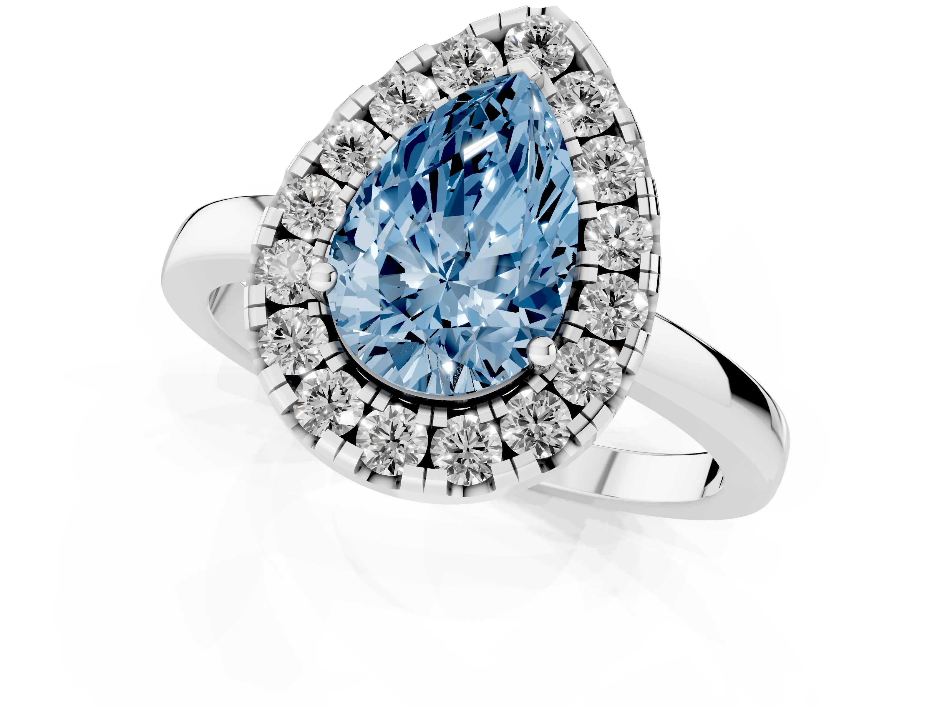 Fancy Blue Pear Cut Diamond Halo Solitaire Ring Set in White gold with Pavé Band and Prong Setting