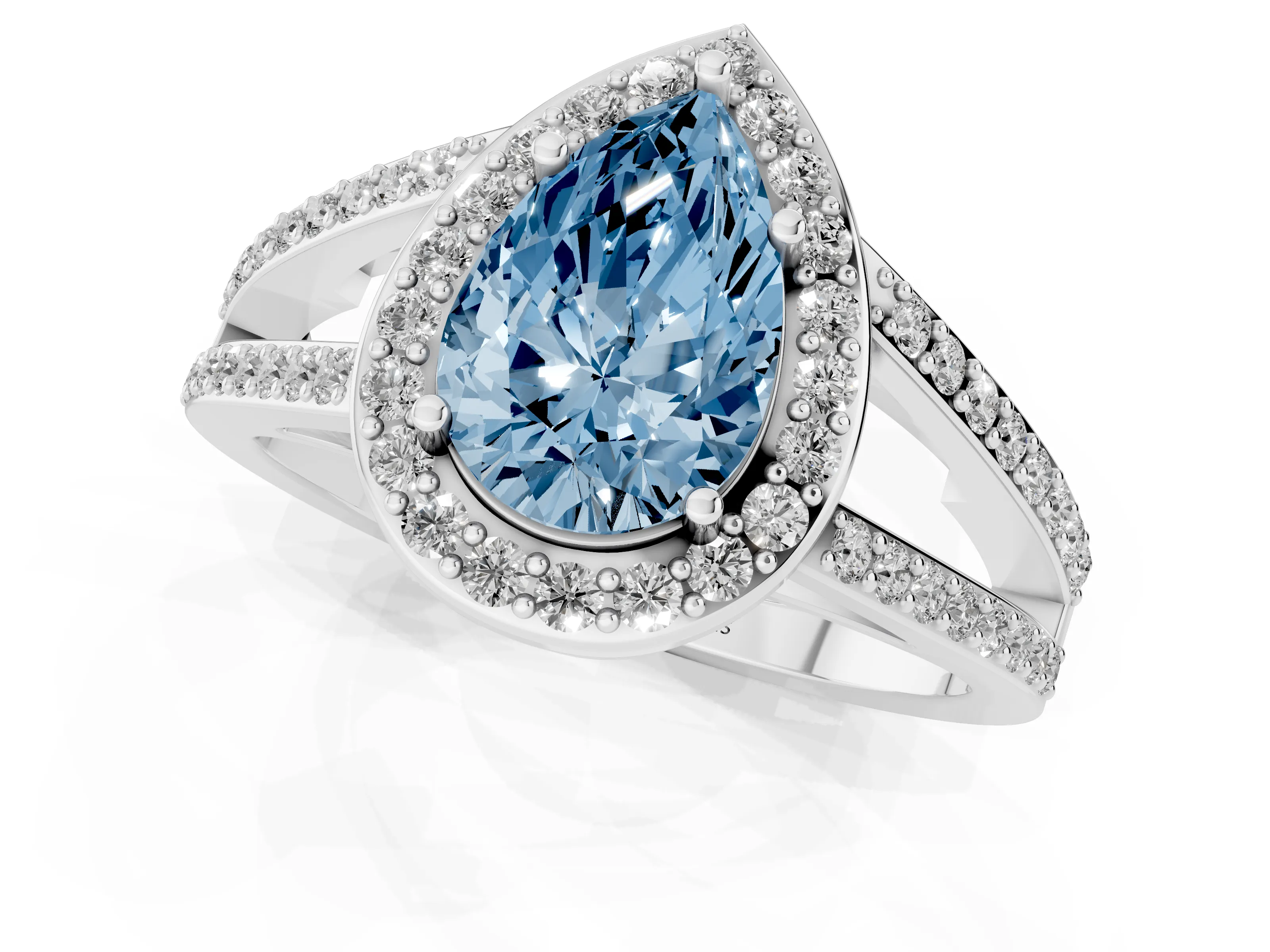 Fancy Blue Pear Cut Diamond Halo Ring Set in Platinum with U-Prong Split Shank and Prong Setting – second view