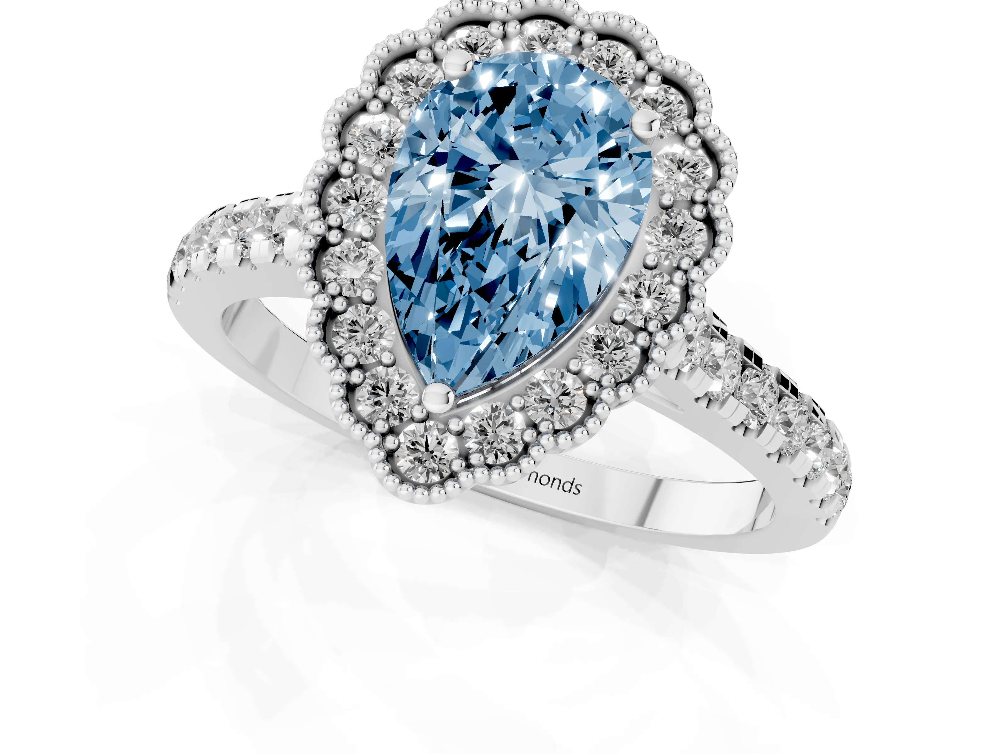 Fancy Blue Pear Cut Diamond Milgrain Floral Halo Engagement Ring Set in Platinum with Pavé Band
