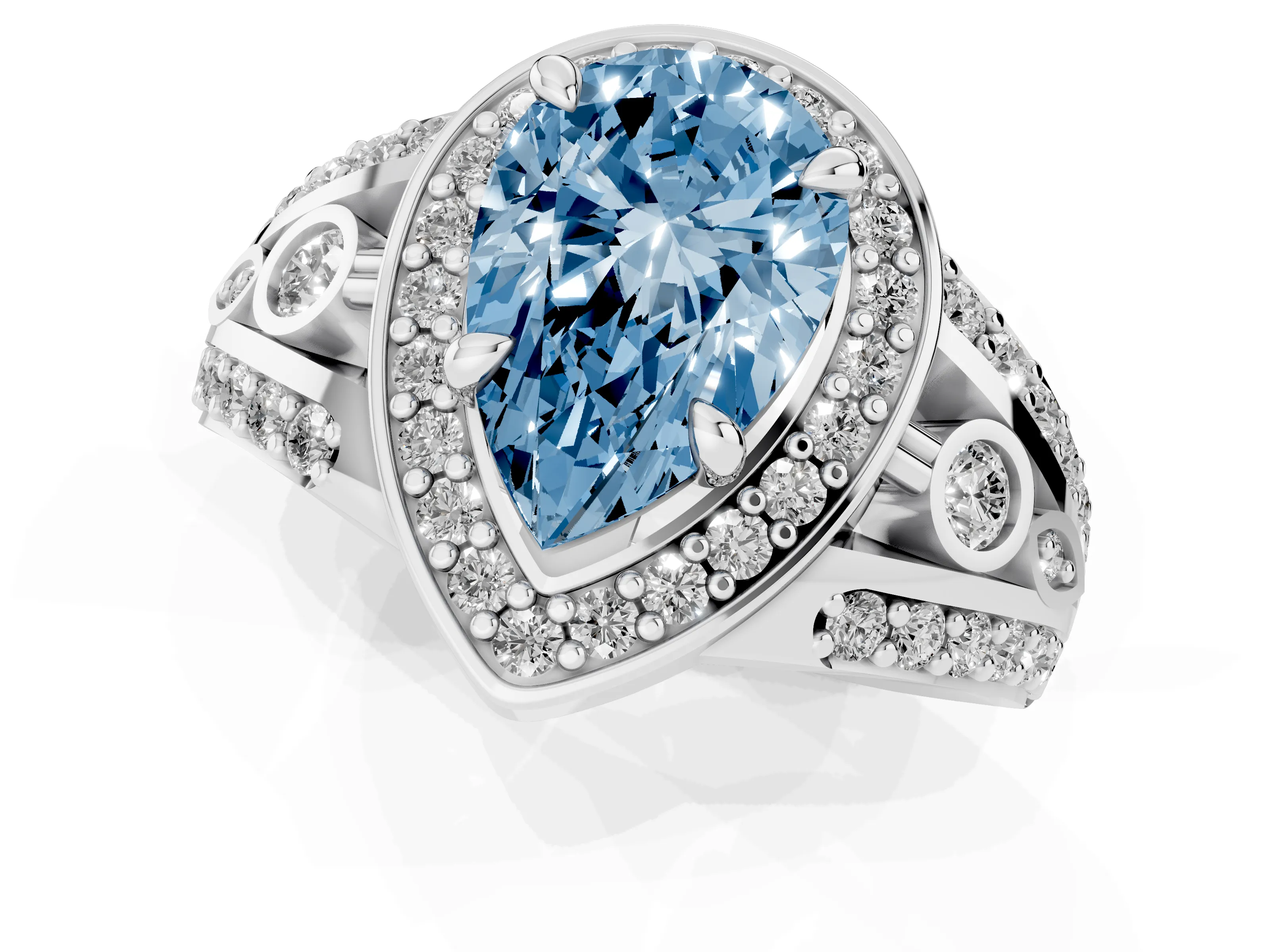 Fancy Blue Pear Cut Diamond Halo Ring Set in Silver with Pavé Split Shank and Bezel Accents