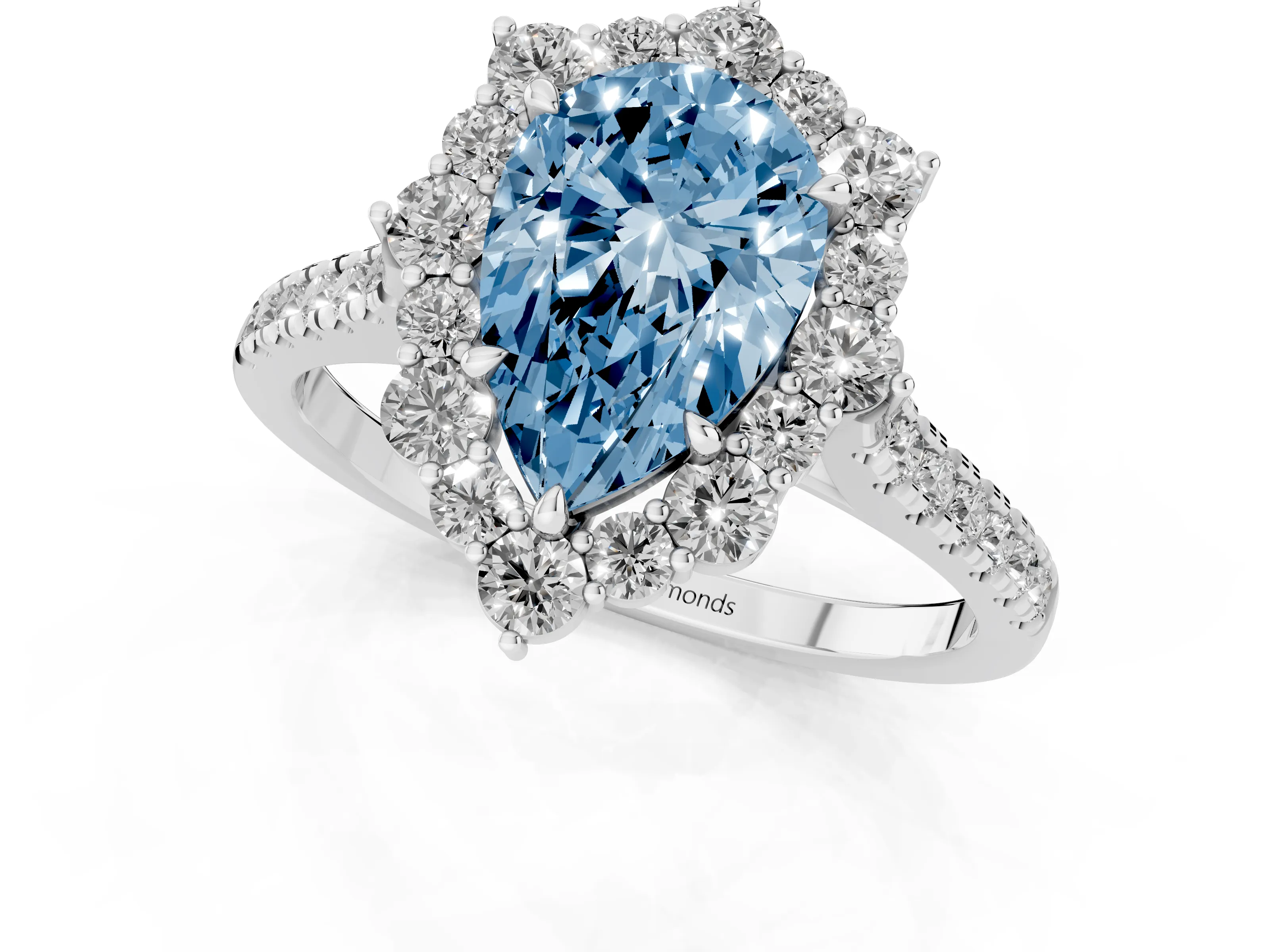 Fancy Blue Pear Cut Diamond Halo Ring Set in White gold with Pavé Band and Prong Setting