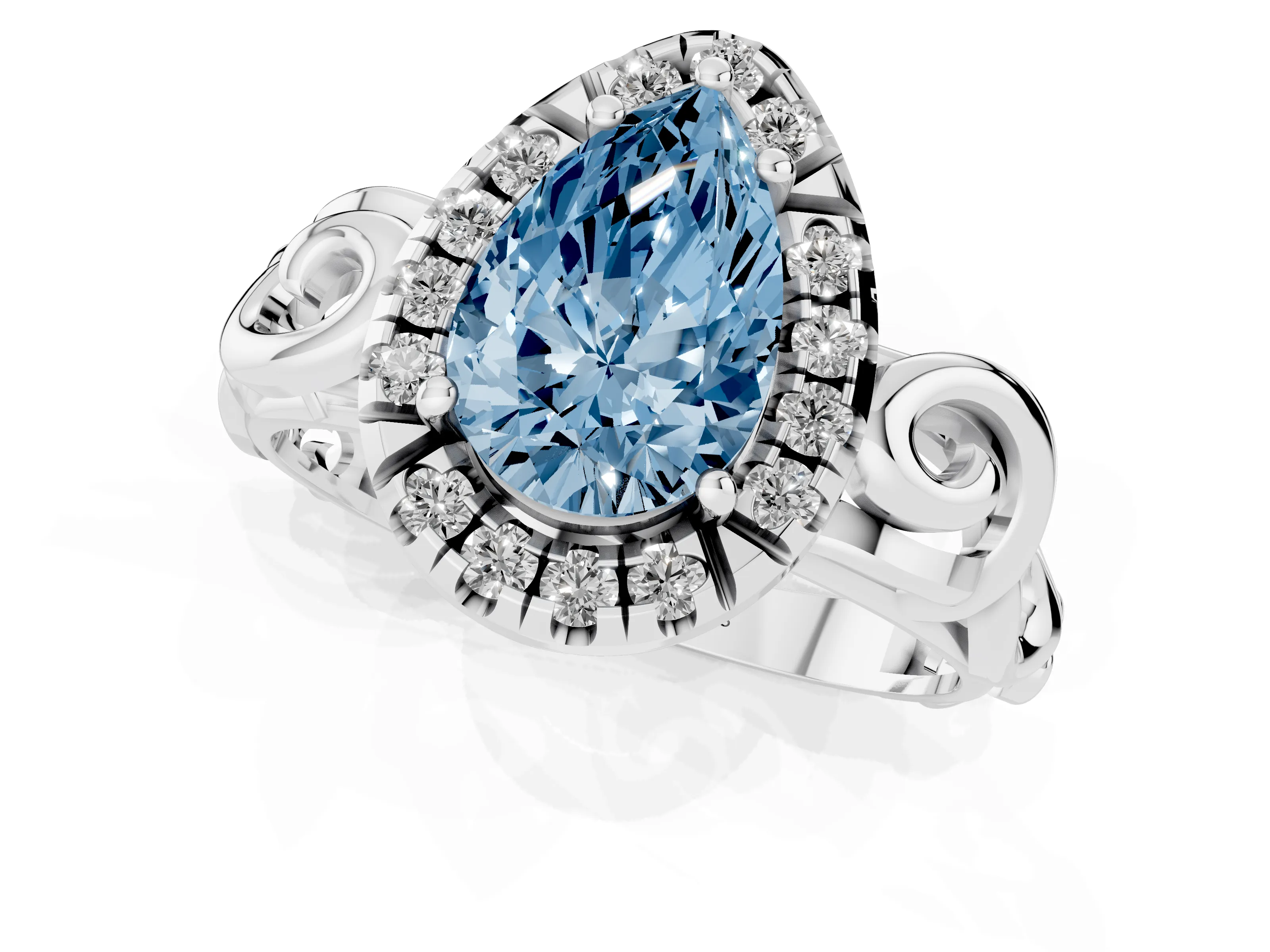 Fancy Blue Pear Cut Diamond Halo Ring Set in Platinum with Scrollwork Band and Prong Setting