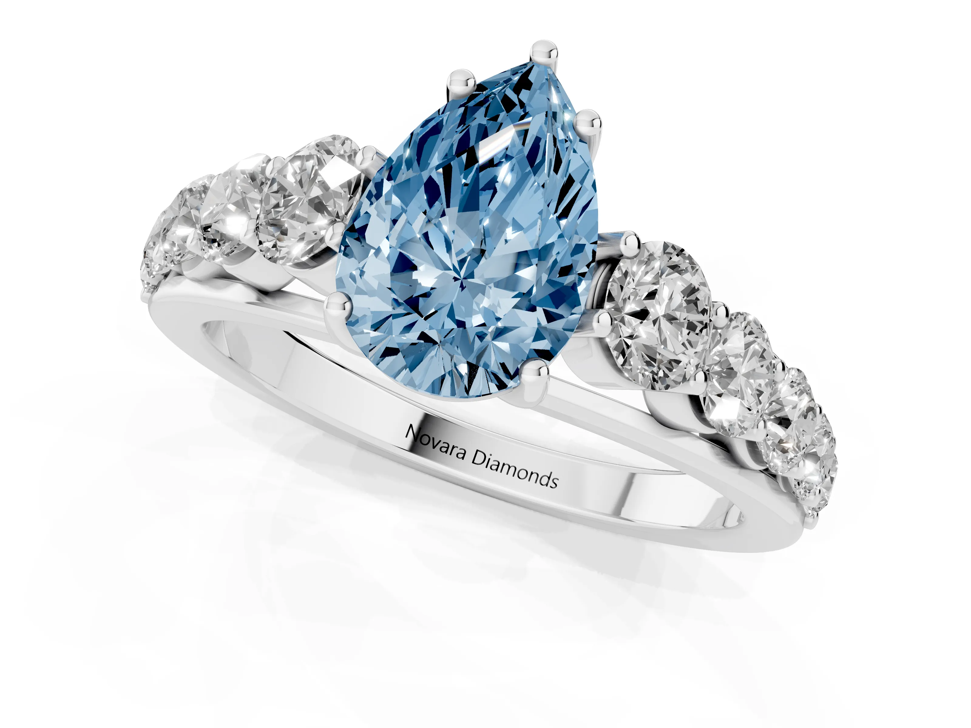 Fancy Blue Pear Cut Diamond Solitaire Ring Set in Platinum with Pavé-Set Band and Prong Setting
