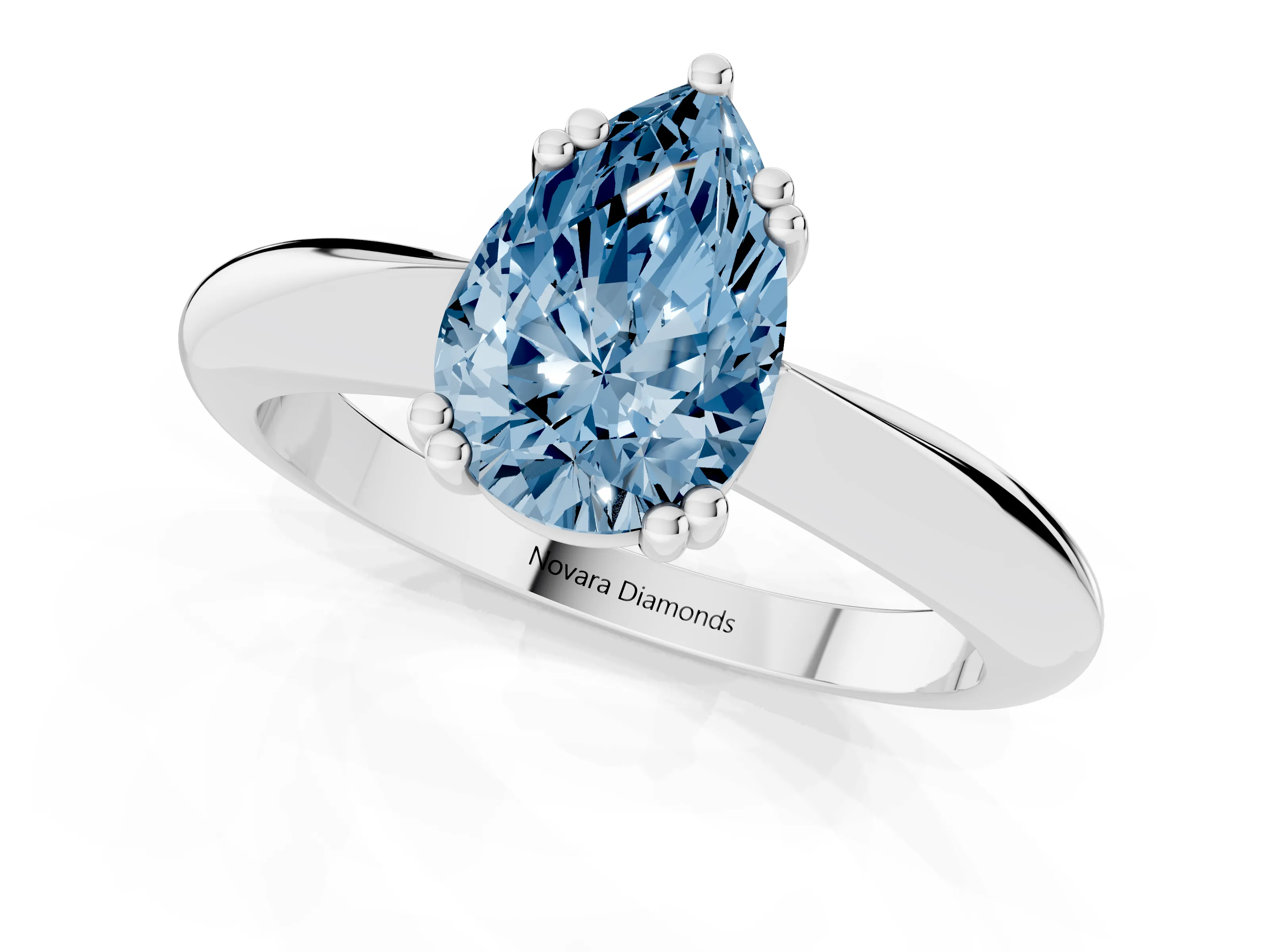 Fancy Blue Pear Cut Diamond Solitaire Engagement Ring Set in Silver with Tapered Band and Prong Setting