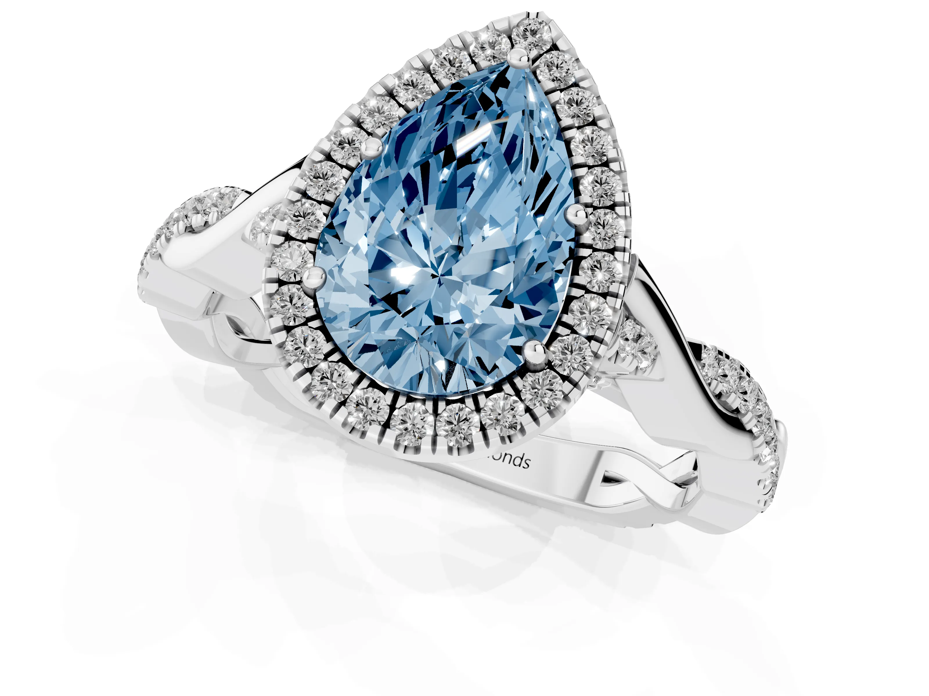 Fancy Blue Pear Cut Diamond Halo Twist Band Solitaire Ring Set in White gold with Prong Setting