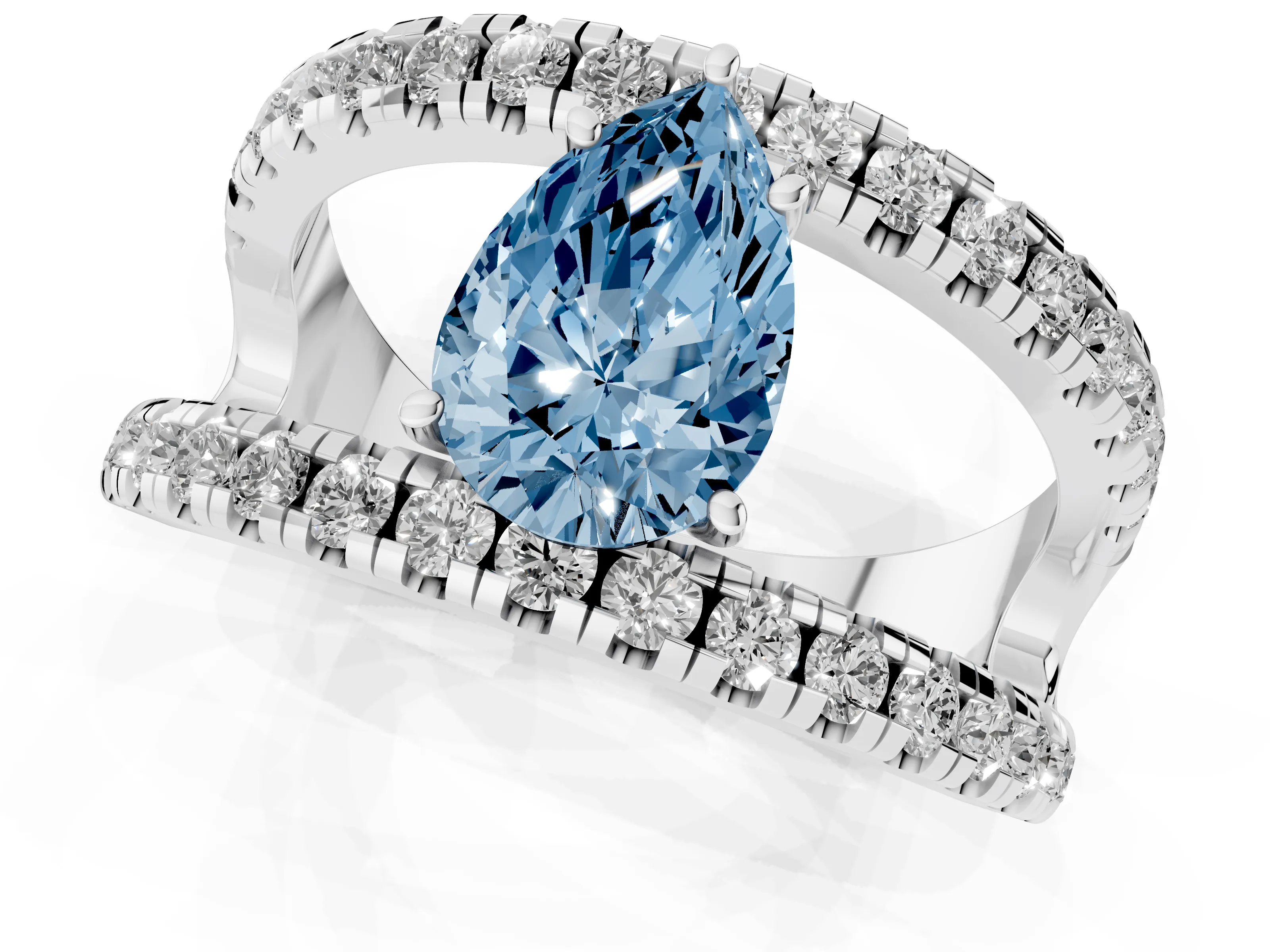Fancy Blue Pear Cut Diamond Split Shank Pavé Solitaire Ring Set in Silver with Open Shank Design