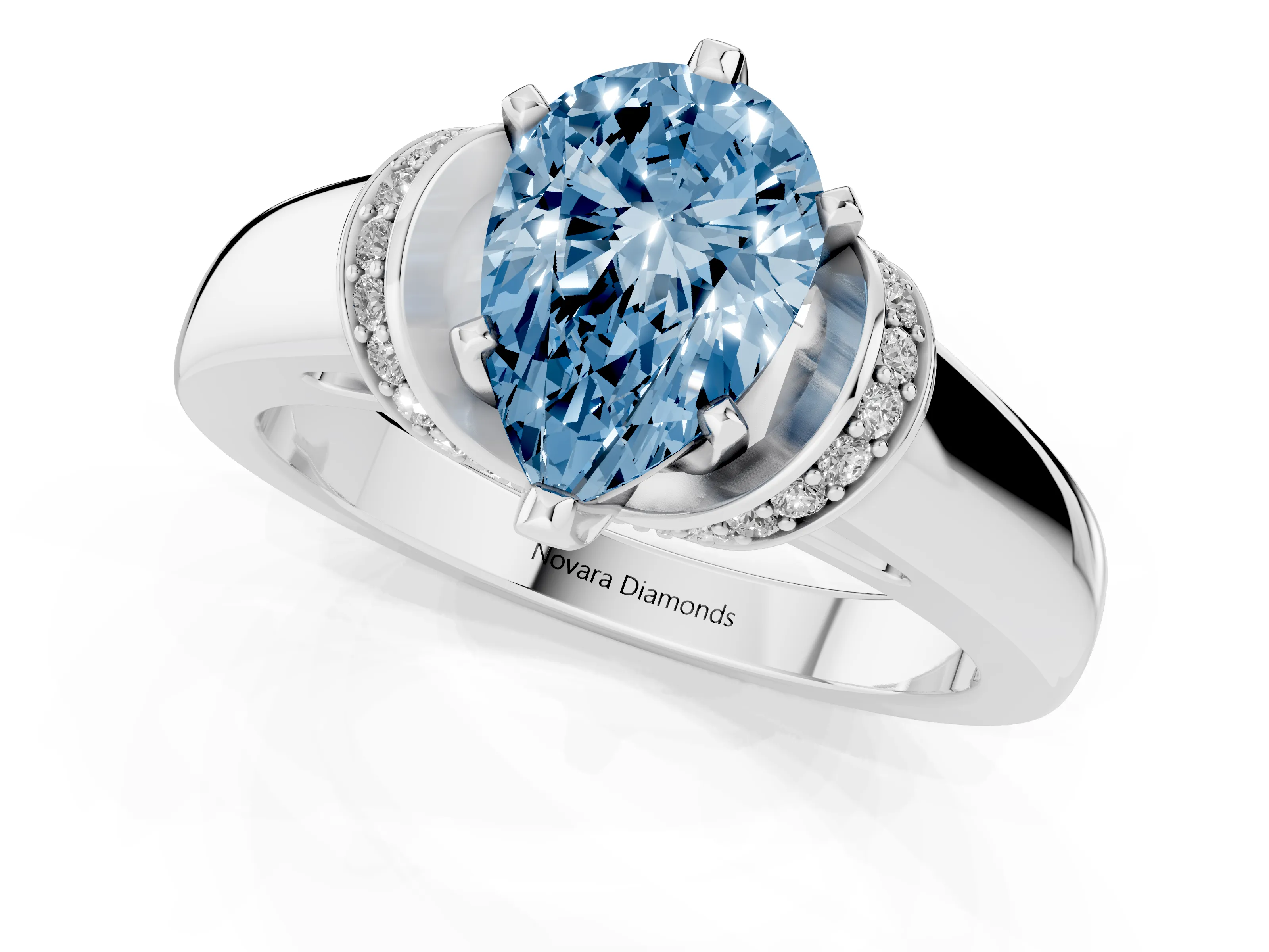 Fancy Blue Pear Cut Diamond Pavé Band Solitaire Ring Set in Platinum with Prong Setting