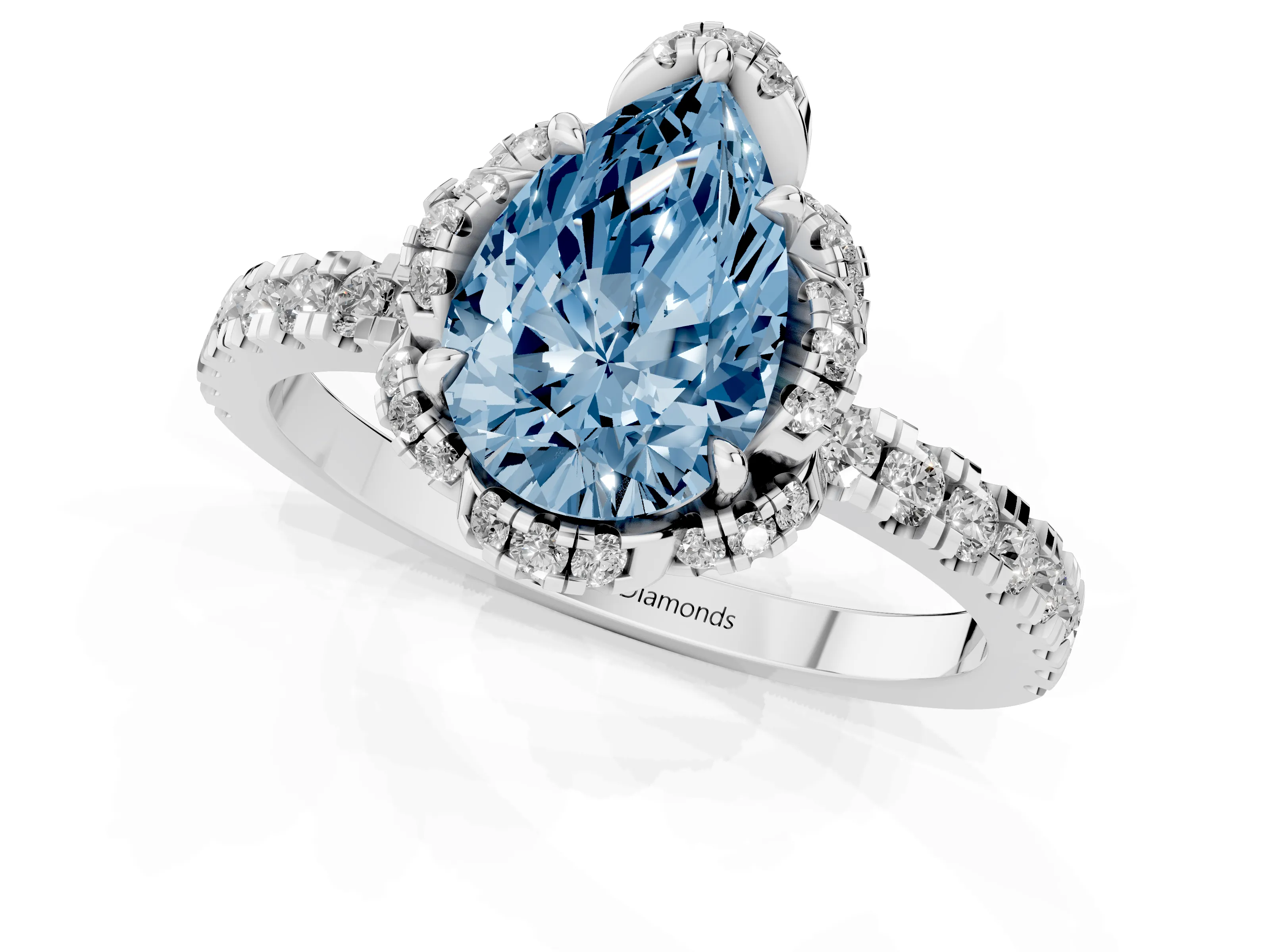 Fancy Blue Pear Cut Diamond Halo Pavé Band Ring Set in Silver with Prong-Held Center