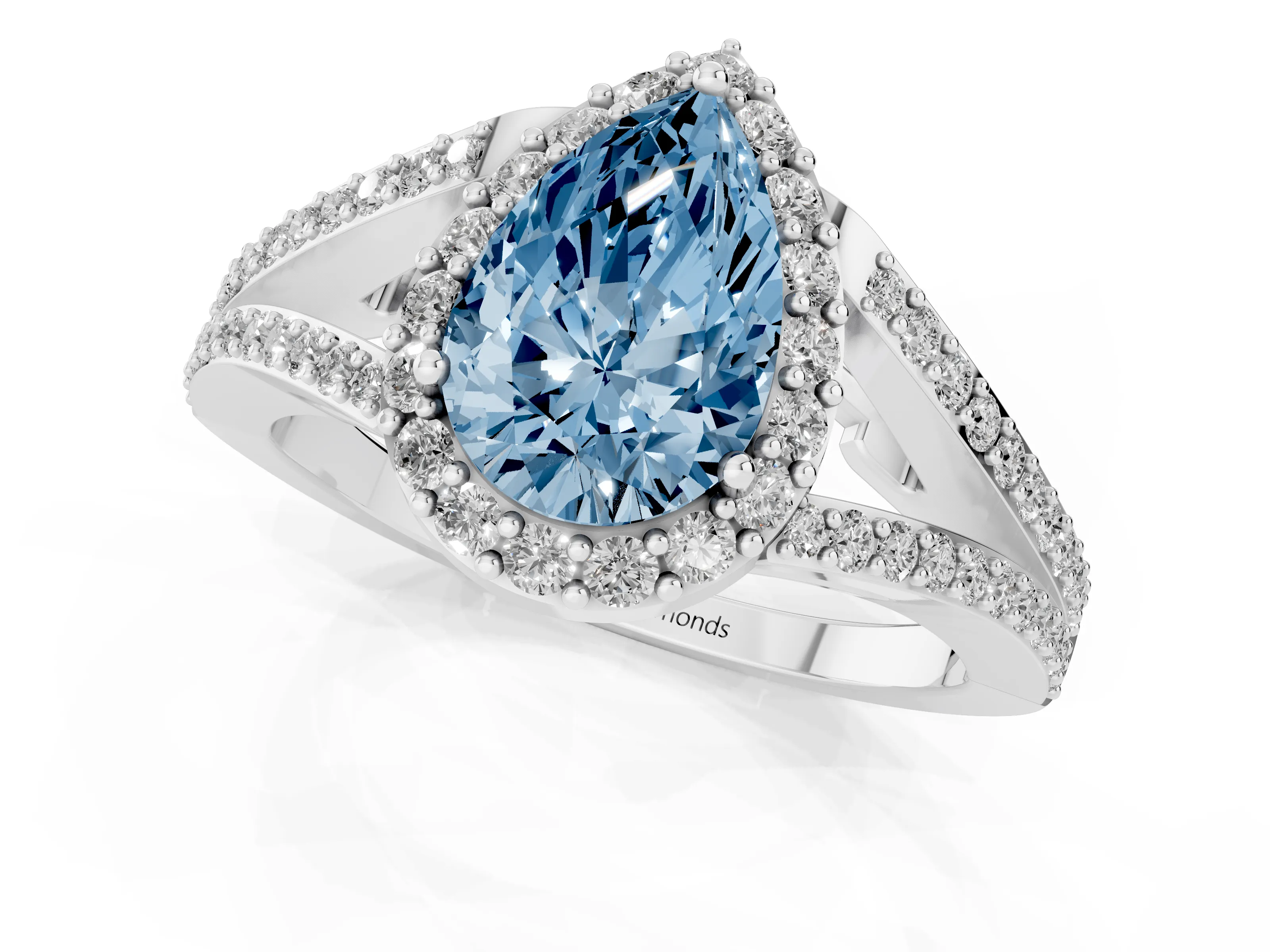 Fancy Blue Pear Cut Diamond Halo Split Shank Pavé Ring Set in Platinum with Prong Setting