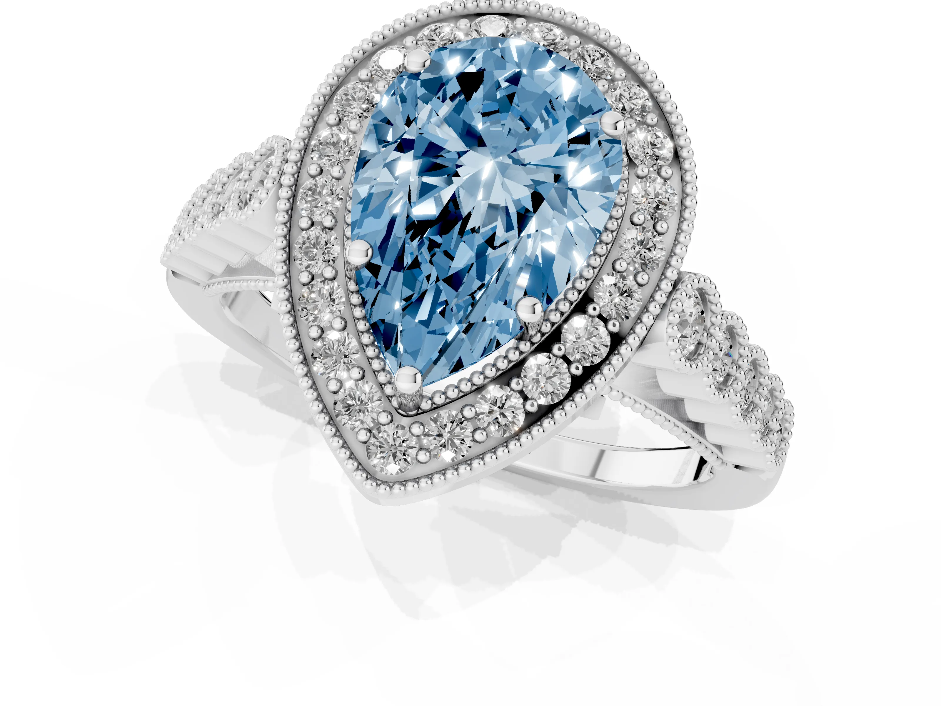 Fancy Blue Pear Cut Diamond Milgrain Halo Solitaire Ring Set in White gold with Bezel Set Side Stones and Pavé Band