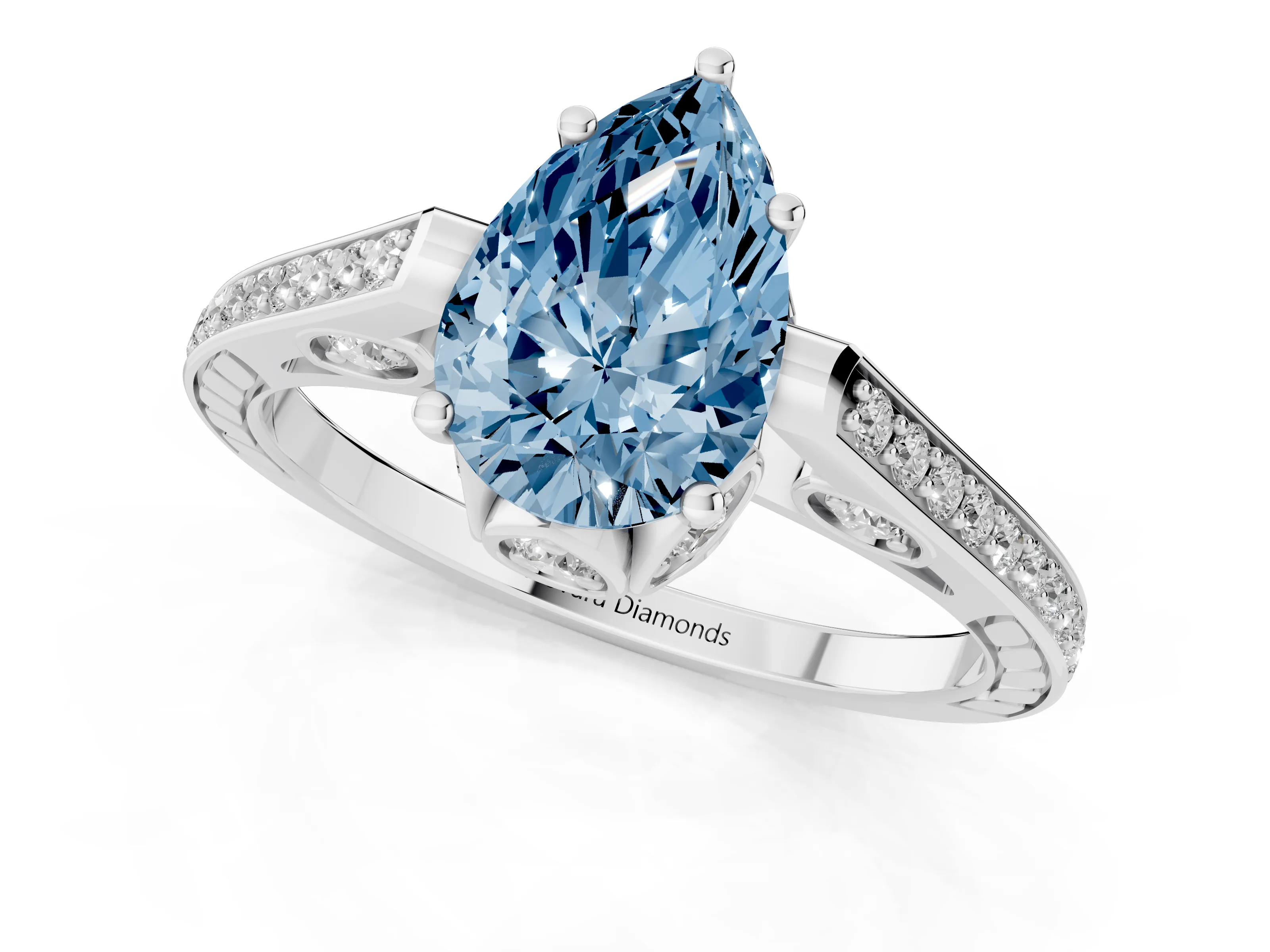 Fancy Blue Pear Cut Diamond Cathedral Pavé Engagement Ring Set in Platinum with Prong Setting