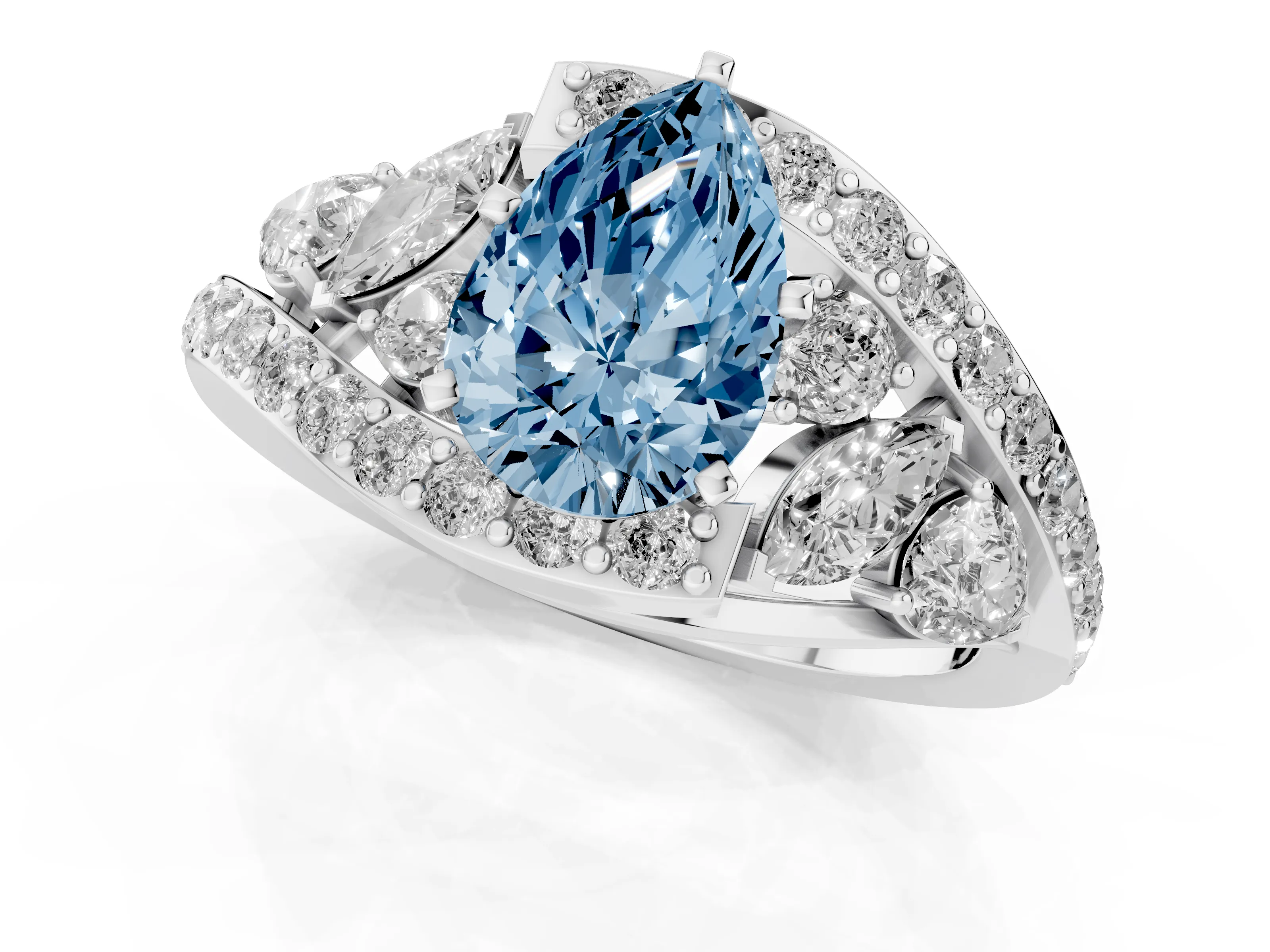 Fancy Blue Pear Cut Diamond Halo Ring Set in Platinum with Marquise and Pavé Band in Prong Setting