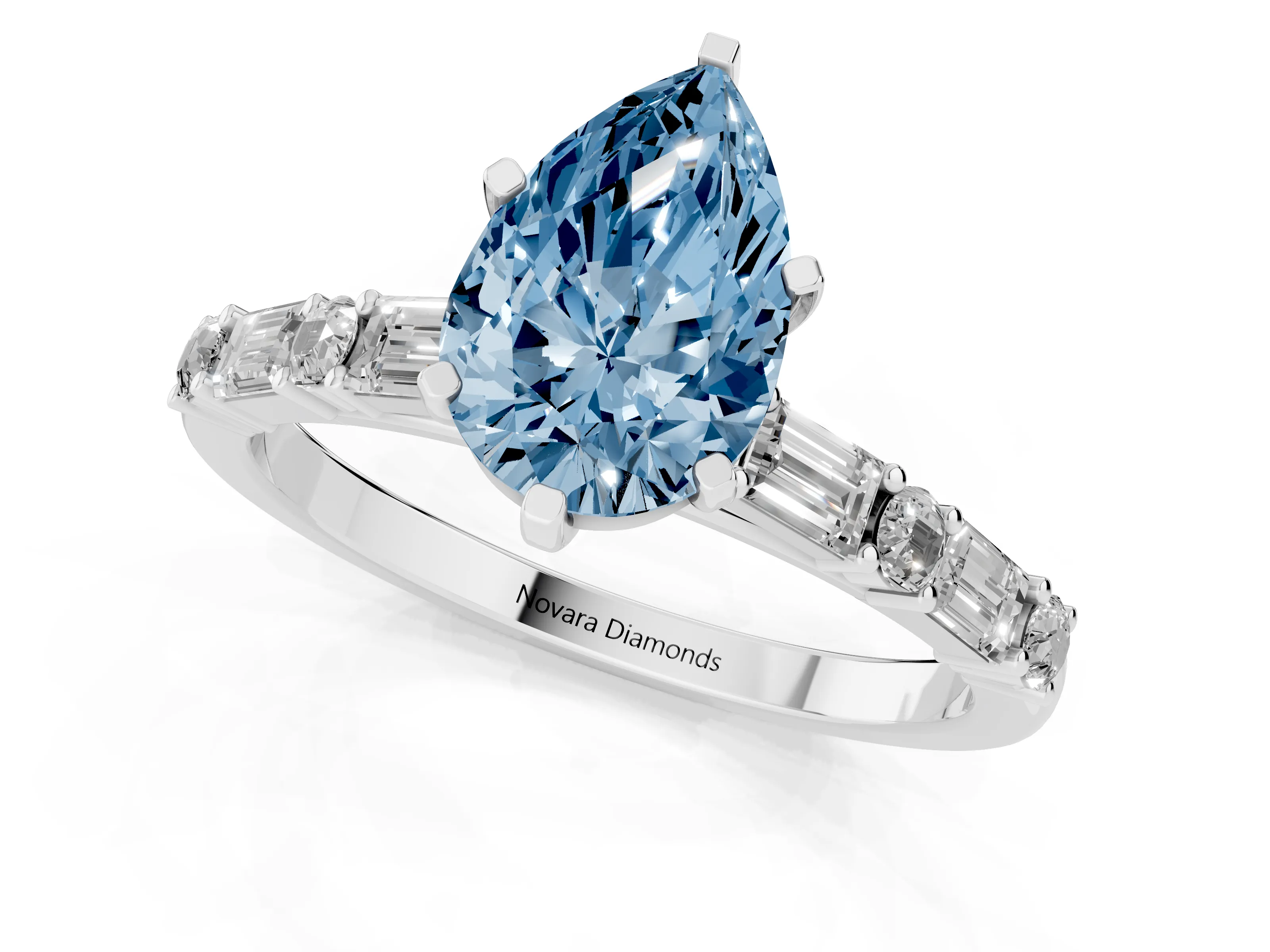 Fancy Blue Pear Cut Diamond Solitaire Set in White gold with Side Baguettes and Channel Set Band