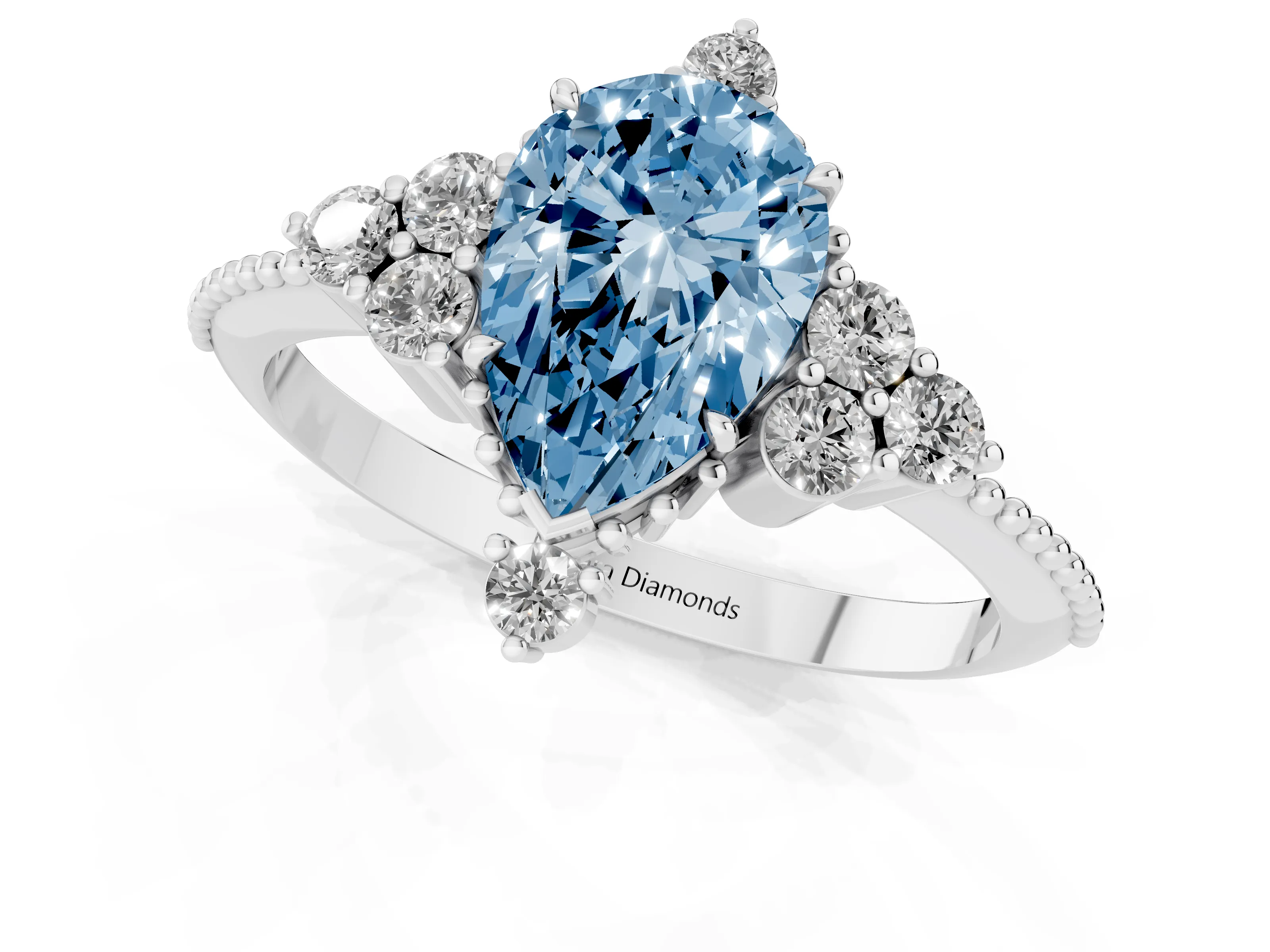 Fancy Blue Pear Cut Diamond Cluster Ring Set in Platinum with Beaded Band