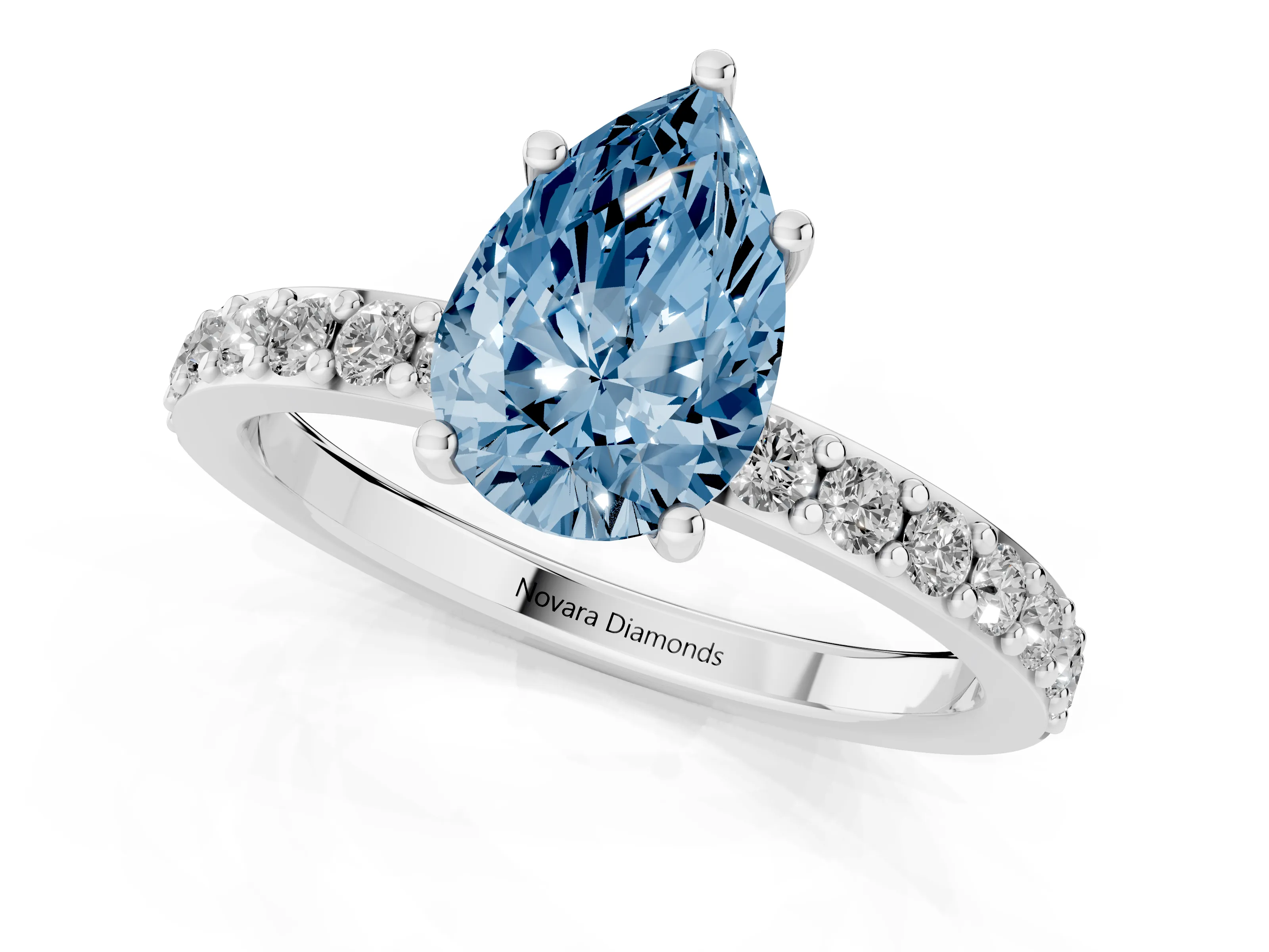 Fancy Blue Pear Cut Diamond Solitaire Set in White gold with Round Pavé Band and Prong Setting