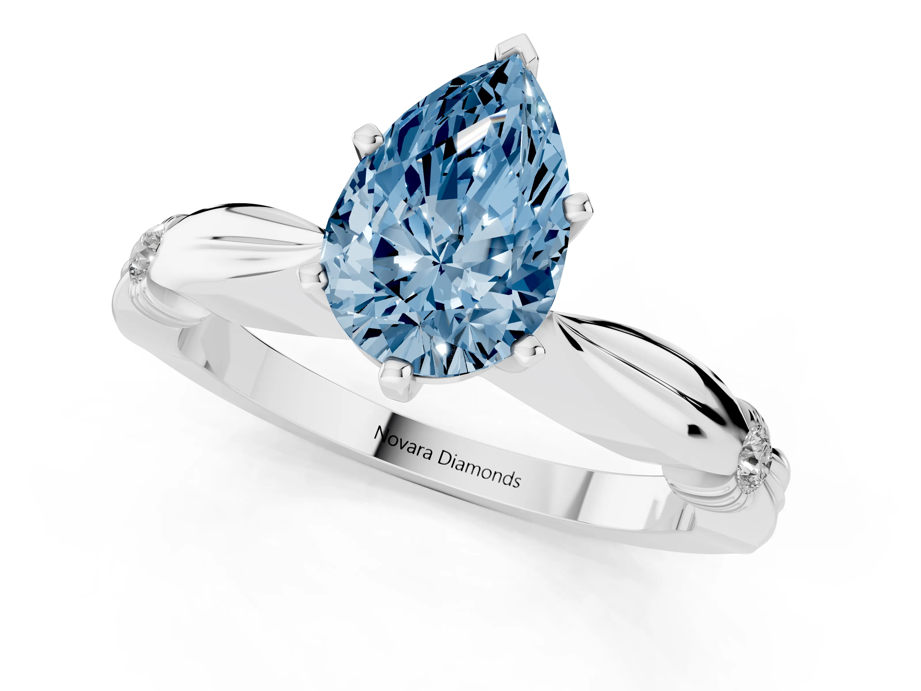Fancy Blue Pear Cut Diamond Solitaire Twisted Band Ring Set in Platinum with Accent Stones and Prong Setting – second view