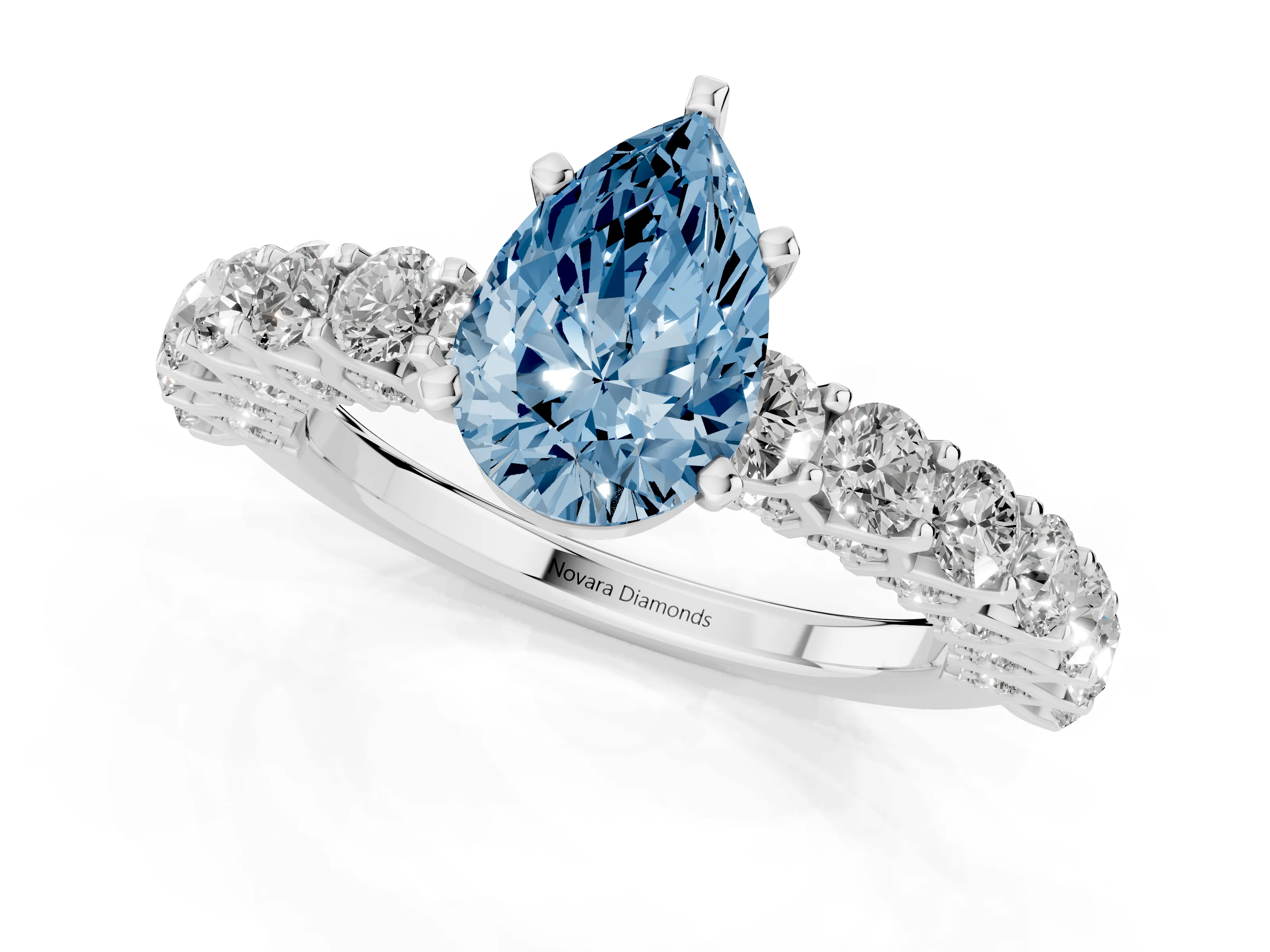 Fancy Blue Pear Cut Diamond Solitaire Ring Set in Platinum with Shared Prong Pavé Band