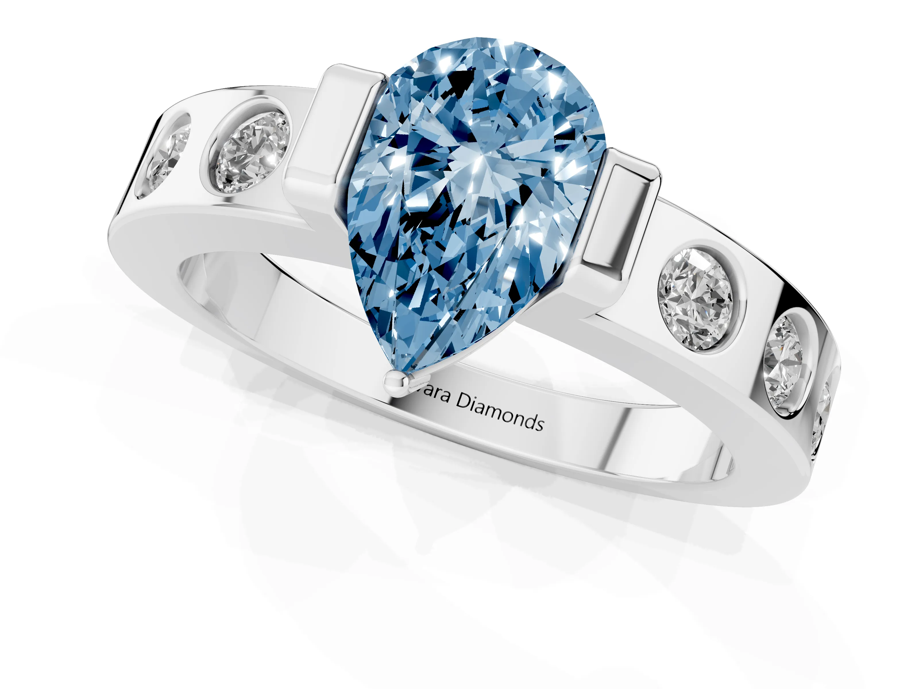 Fancy Blue Pear Cut Diamond Channel-Set Band Ring Set in Silver with Bezel Prong Setting