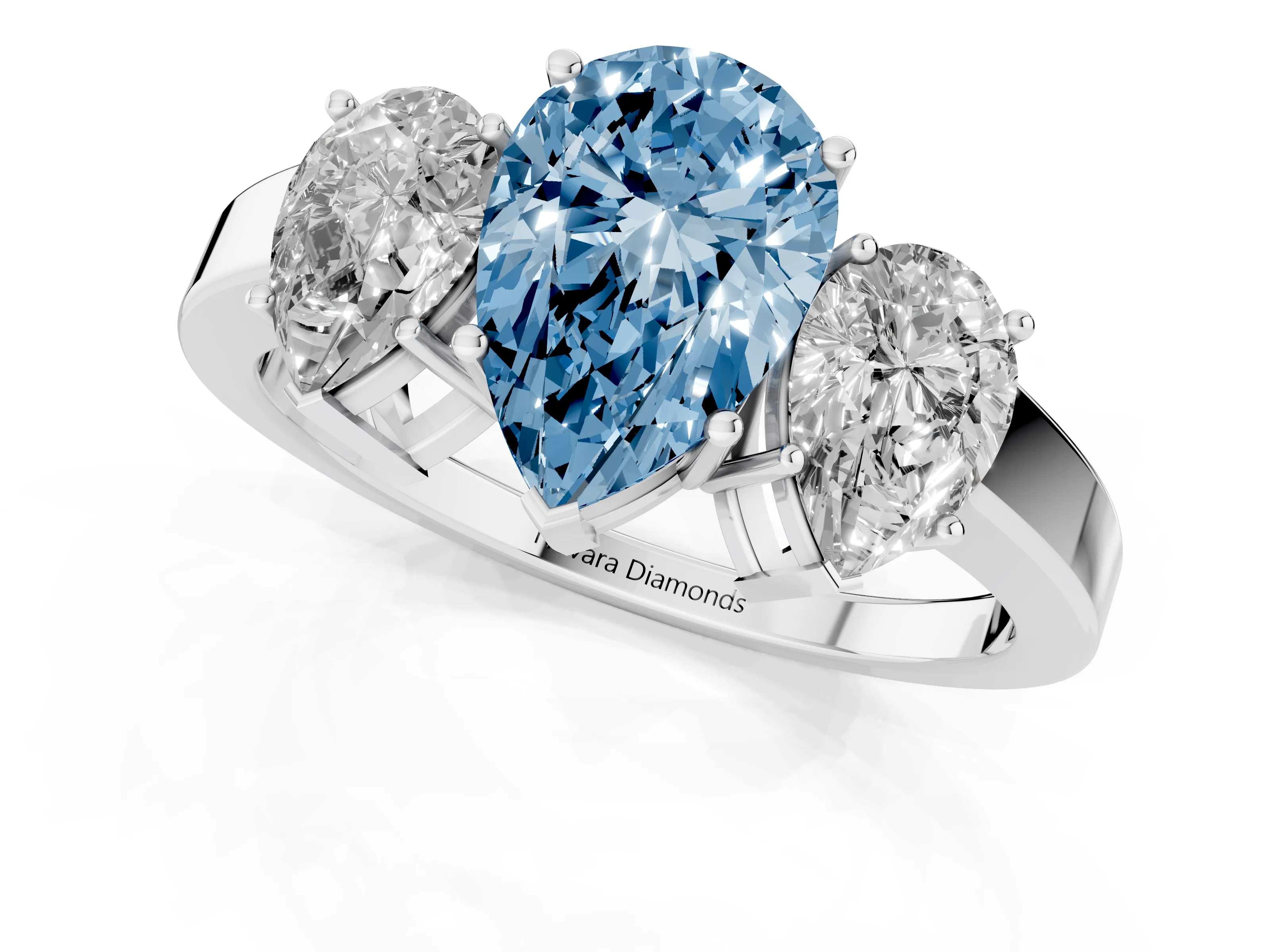 Fancy Blue Pear Cut Diamond Three-Stone Engagement Ring Set in Platinum with Flat Band